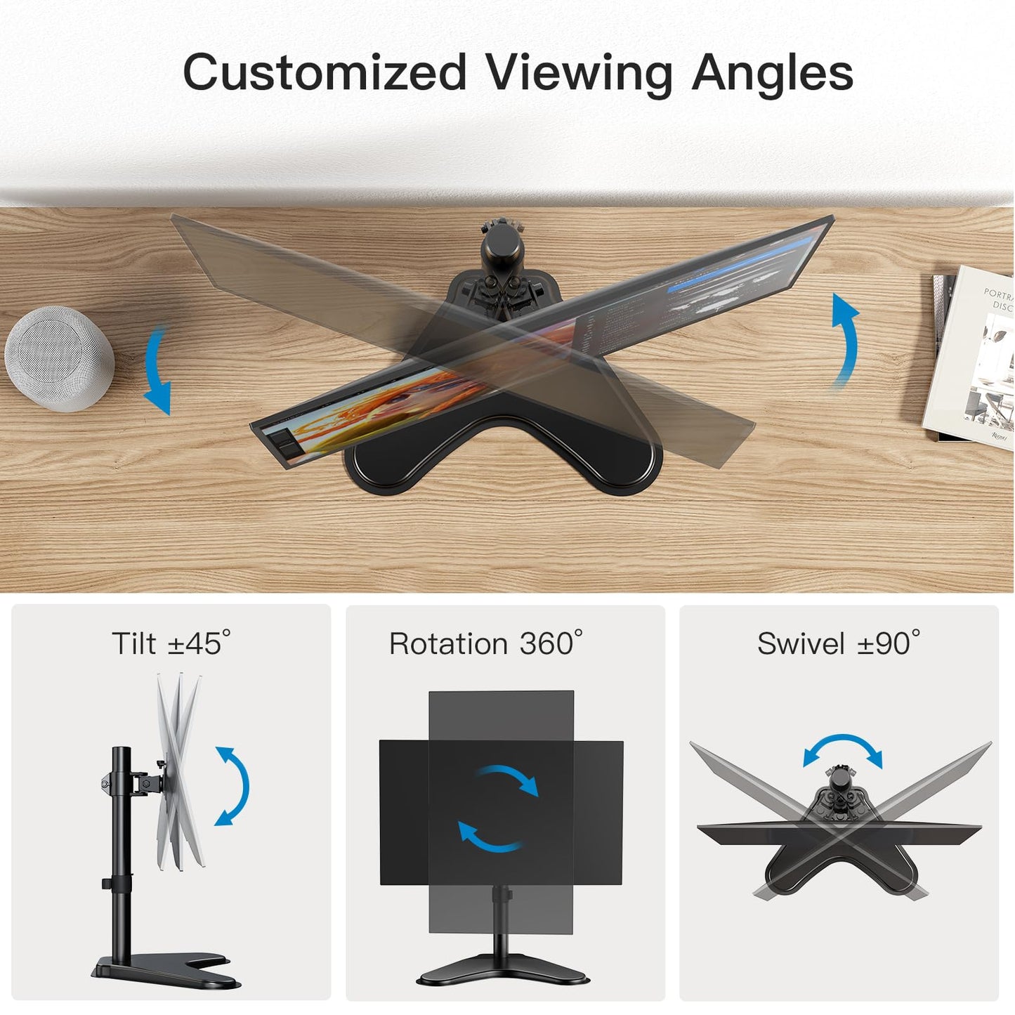 Customized viewing angles of HUANUO monitor mount with tilt, rotation, and swivel features.