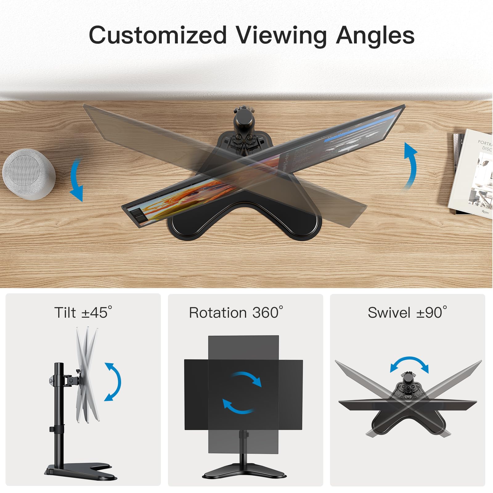 Customized viewing angles of HUANUO monitor mount with tilt, rotation, and swivel features.