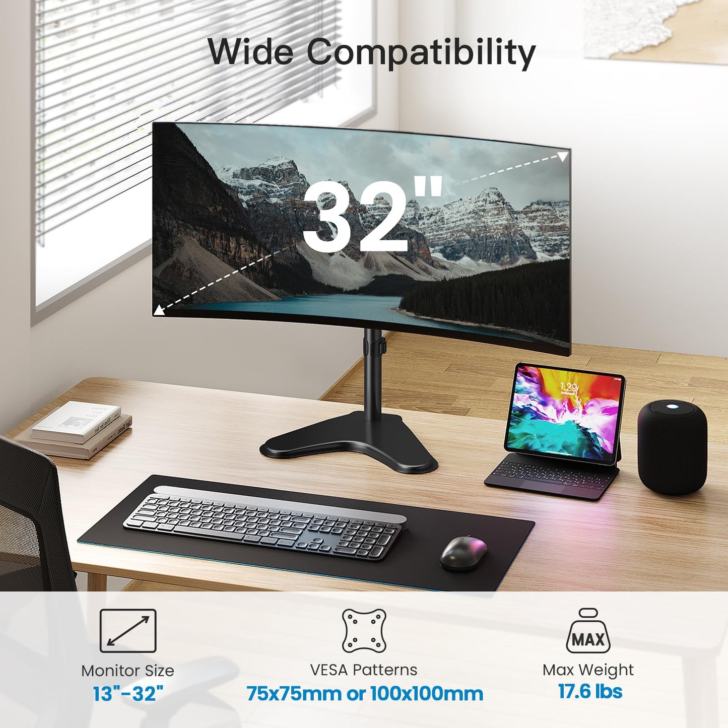 HUANUO monitor mount showcasing a 32-inch screen in an ergonomic workspace setup