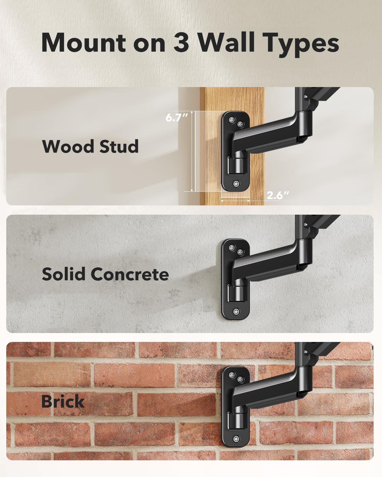 Installation guide for HUANUO monitor mount on wood, concrete, and brick walls.