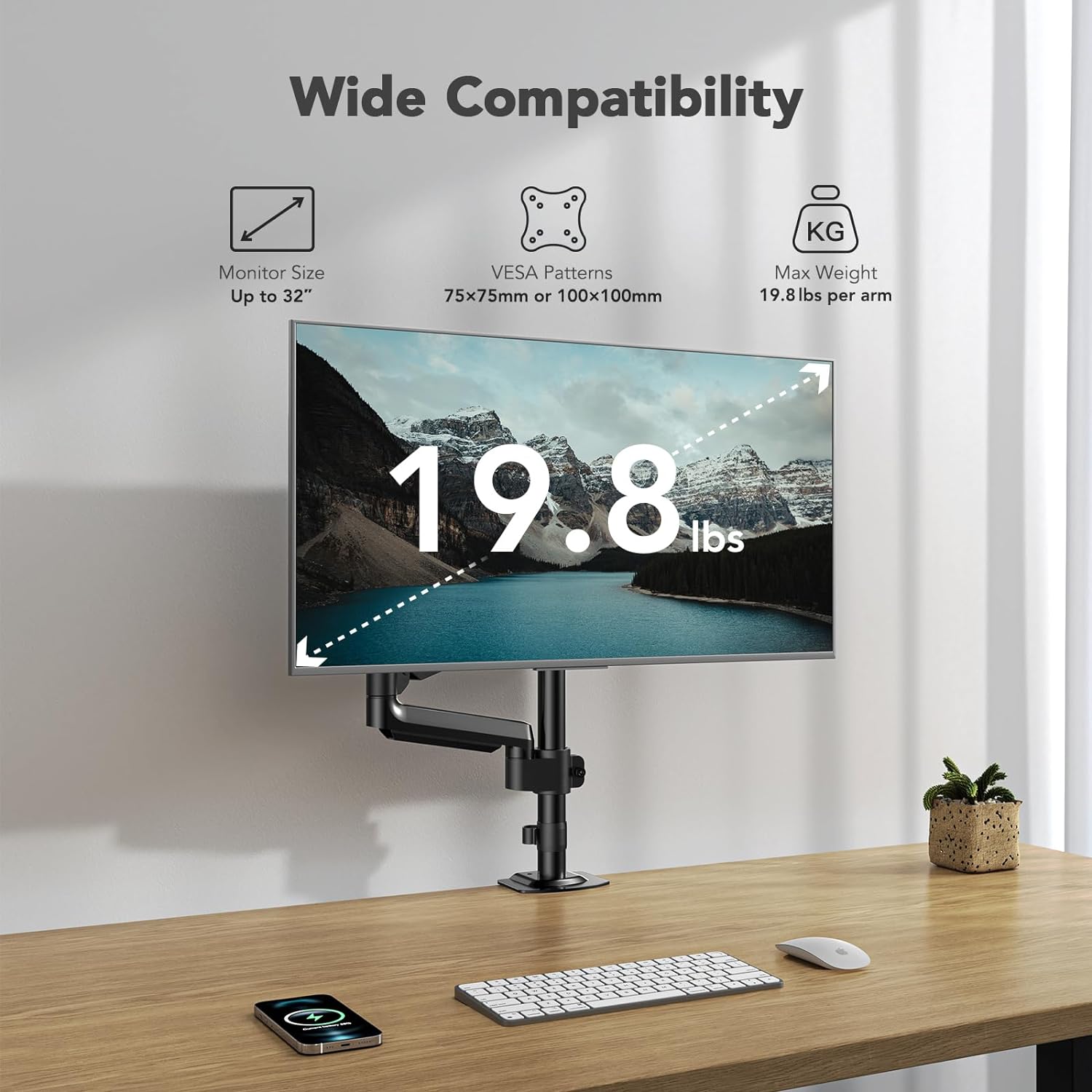 HUANUO single monitor mount displaying compatibility with up to 32-inch screens.