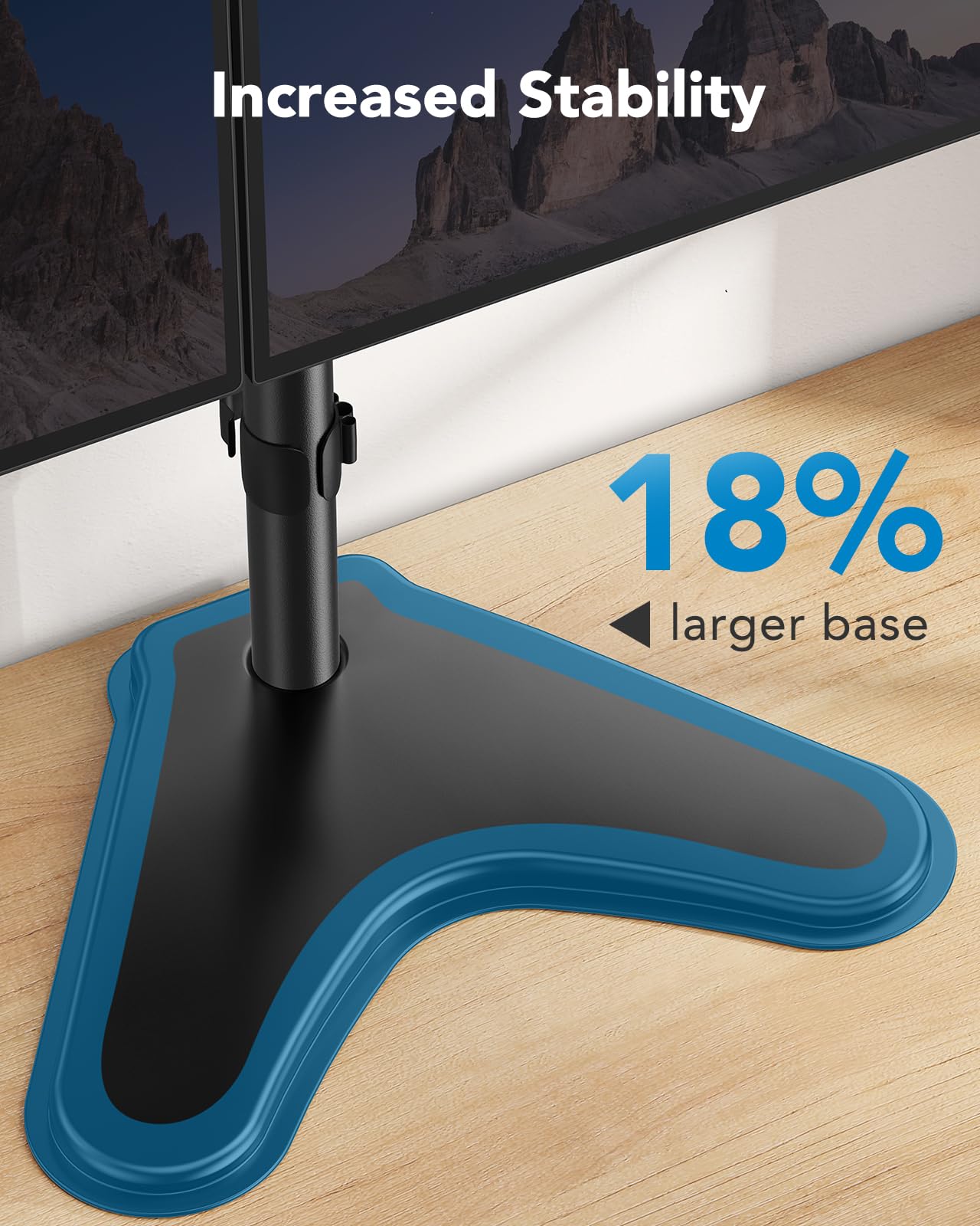 HUANUO dual monitor mount base design with 18% larger stability feature.