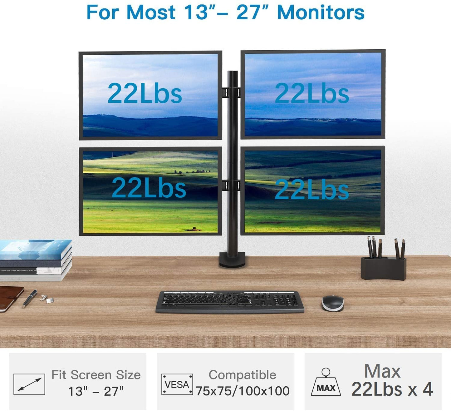 Quad monitor stand showcasing support for 13-27 inch screens, each up to 22 lbs.