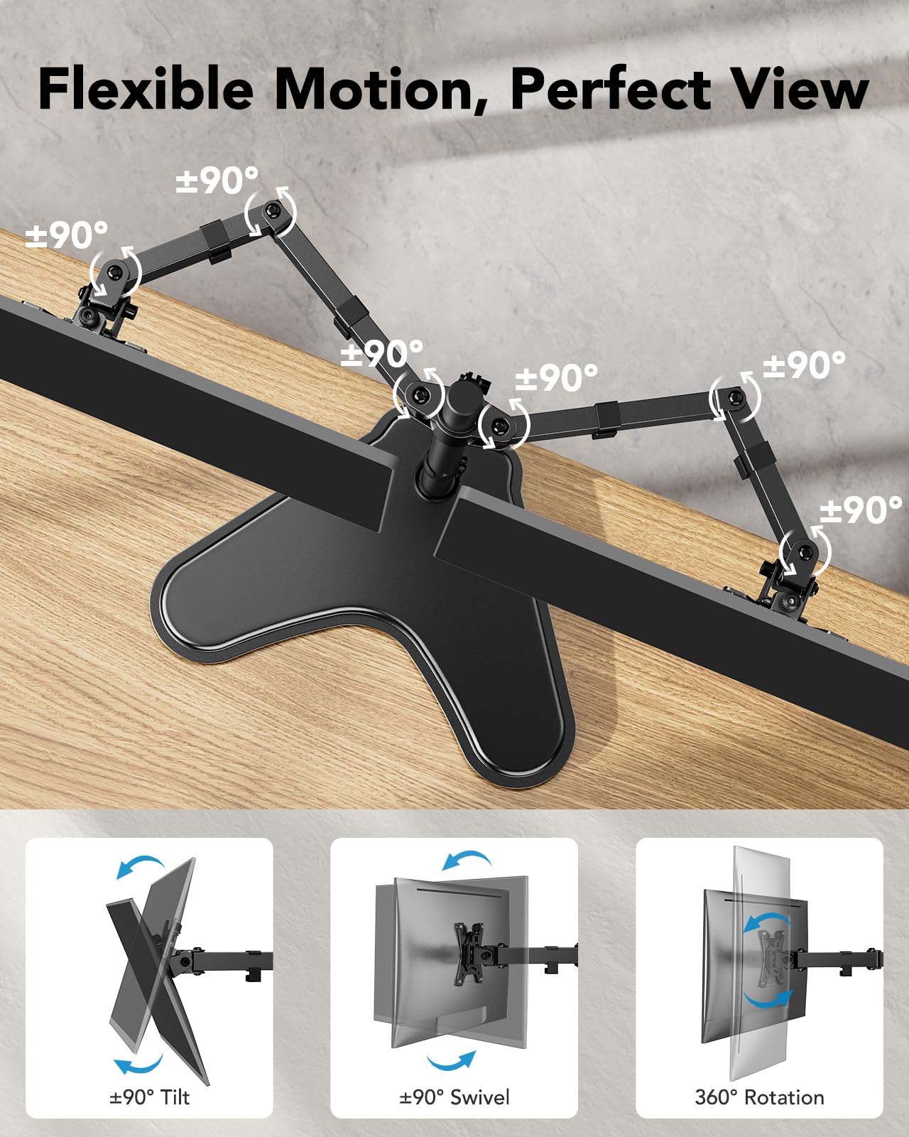 HUANUO dual monitor mount with adjustable arms, showing tilt and swivel features.
