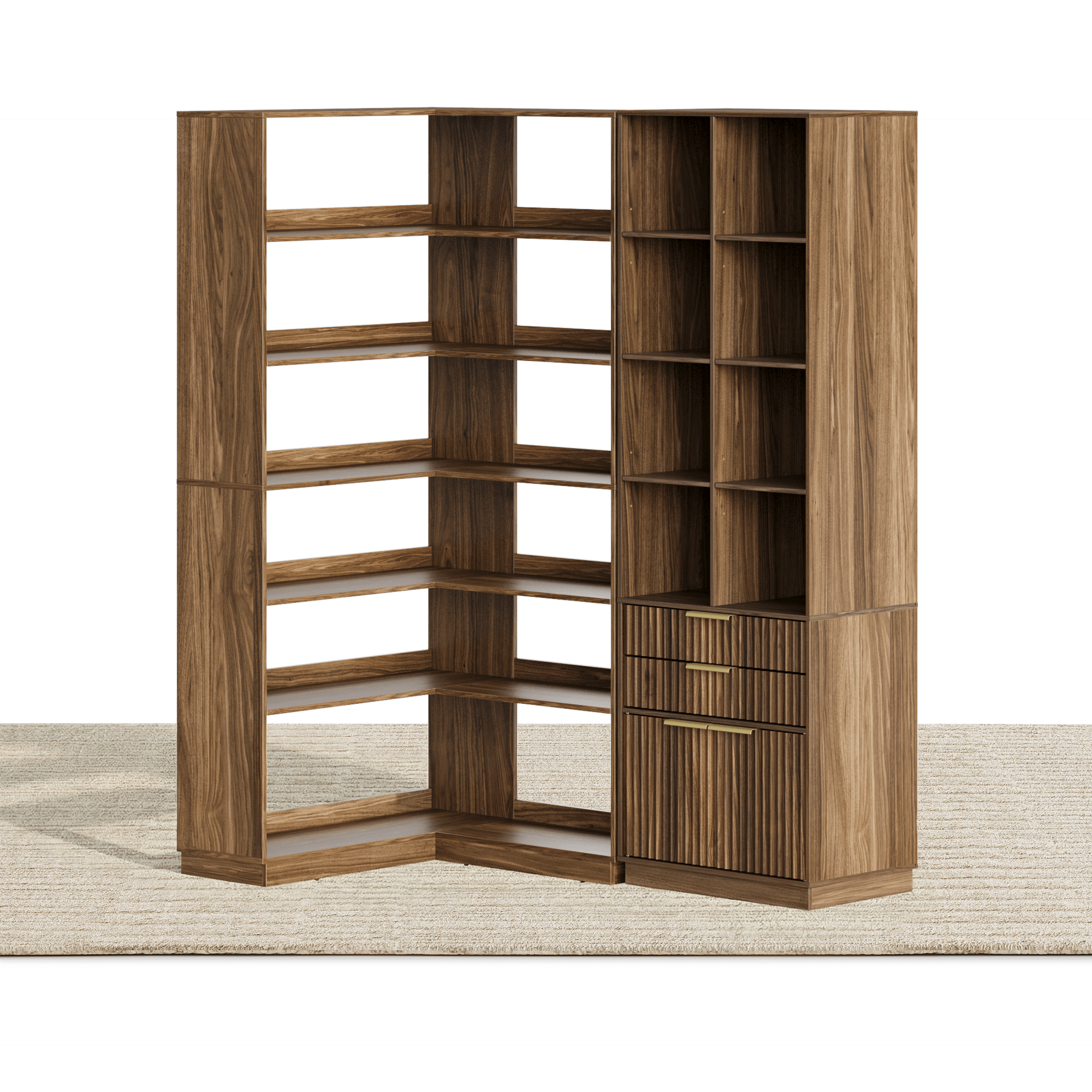 73" Corner Bookshelf + 73'' Fluted Bookshelf/ Fluted - Dark Walnut -