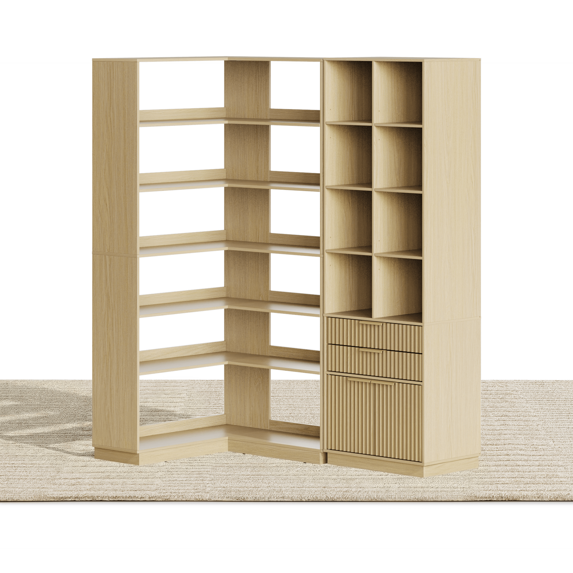 73'' Corner Bookshelf + 73'' Fluted Bookshelf/ Fluted - Natural Oak -