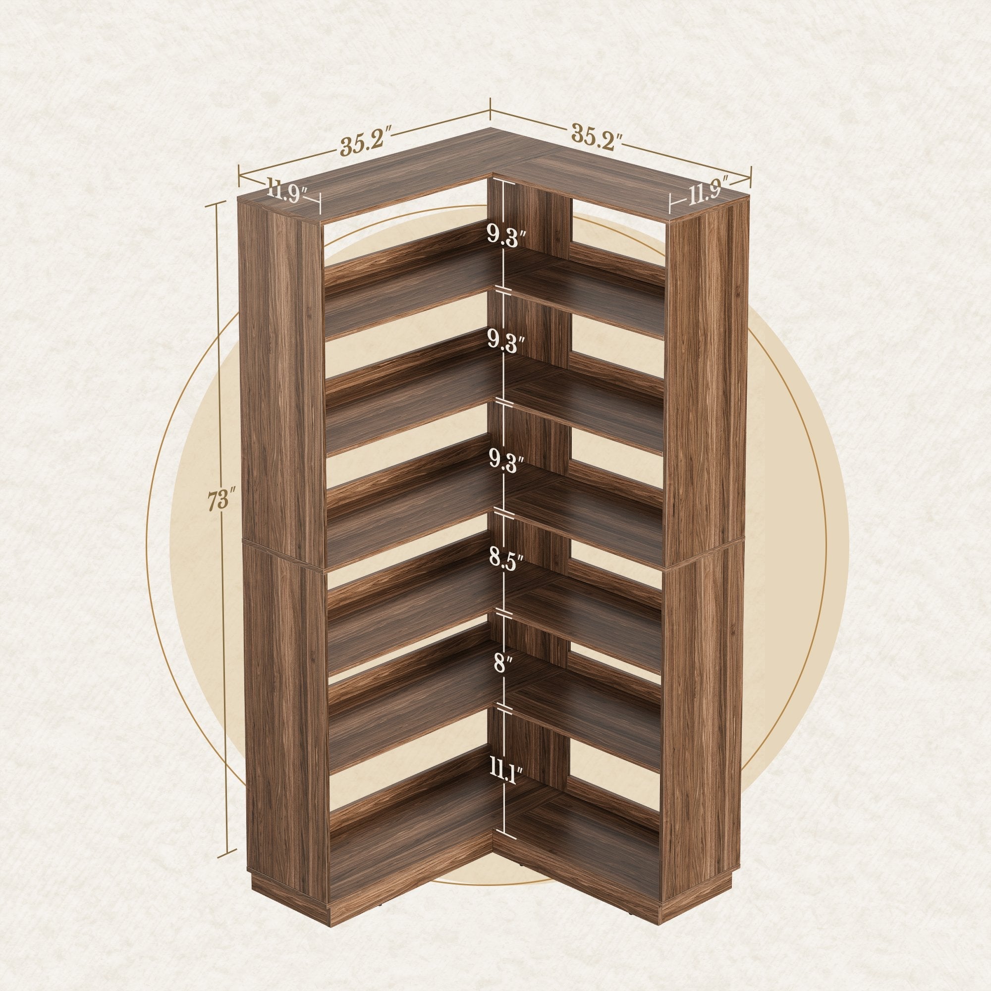 73'' Corner Bookshelf +Charging Storage Cabinet / Fluted - Dark Walnut -