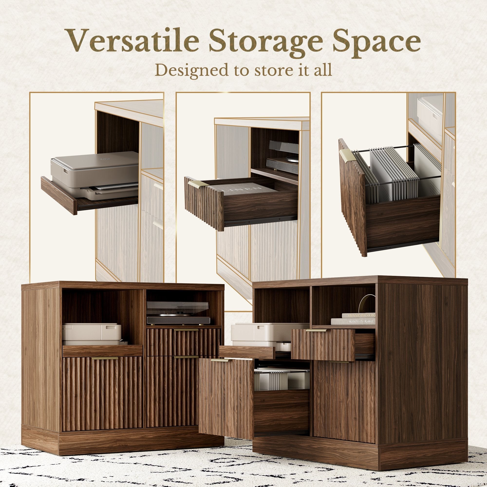 73'' Corner Bookshelf +Charging Storage Cabinet / Fluted - Dark Walnut -