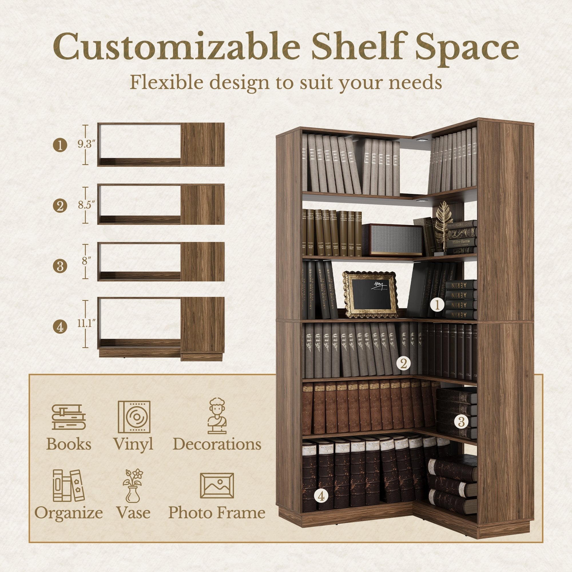 73'' Corner Bookshelf +Charging Storage Cabinet / Fluted - Dark Walnut -