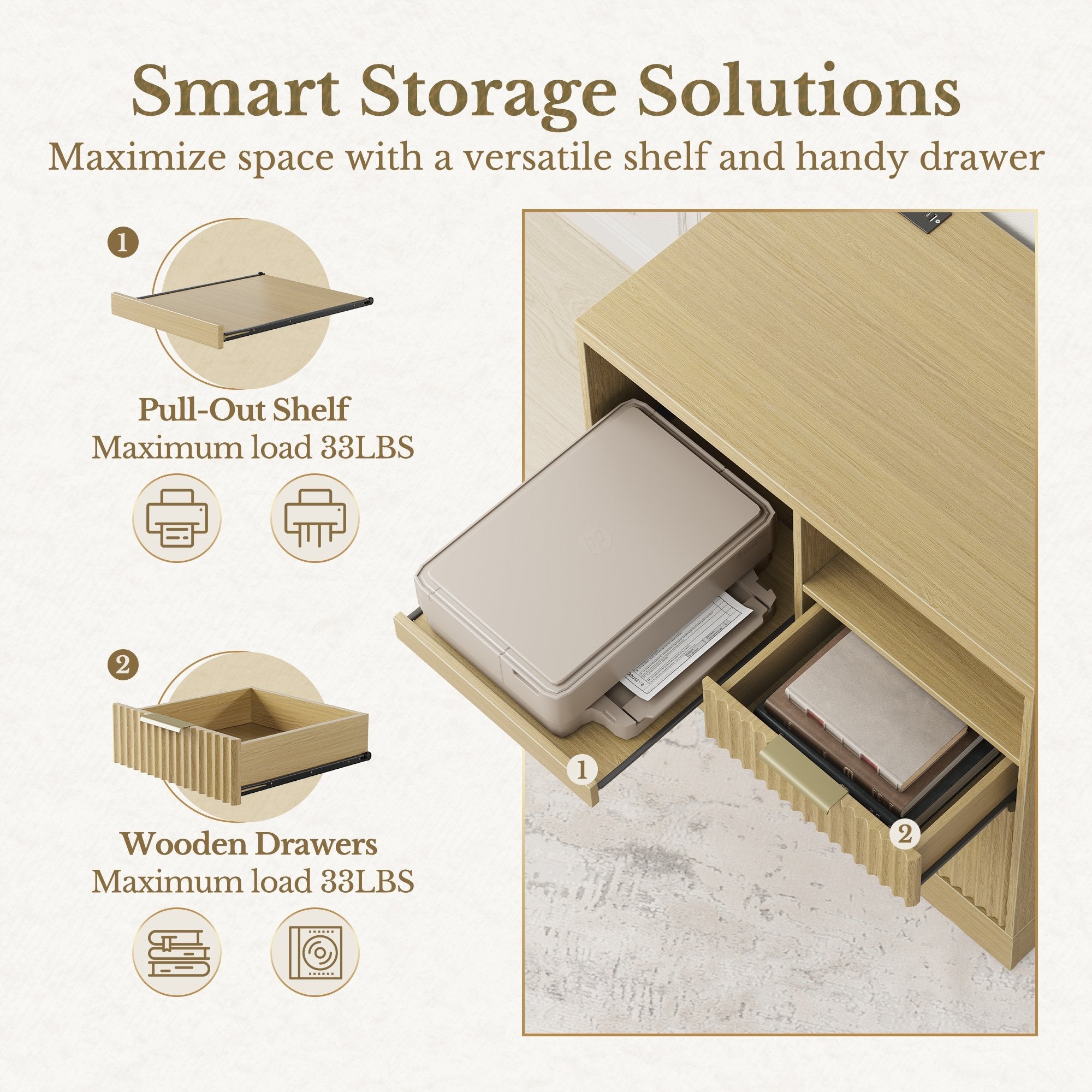 73'' Corner Bookshelt + Charging Cabinet/ Fluted - Natural Oak -