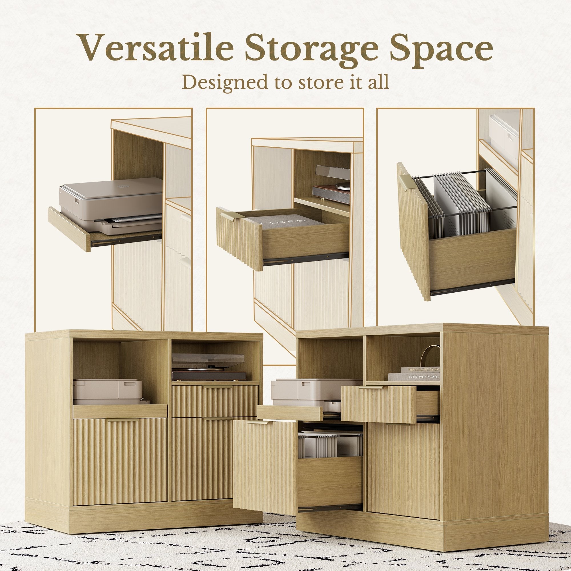 73'' Corner Bookshelt + Charging Cabinet/ Fluted - Natural Oak -