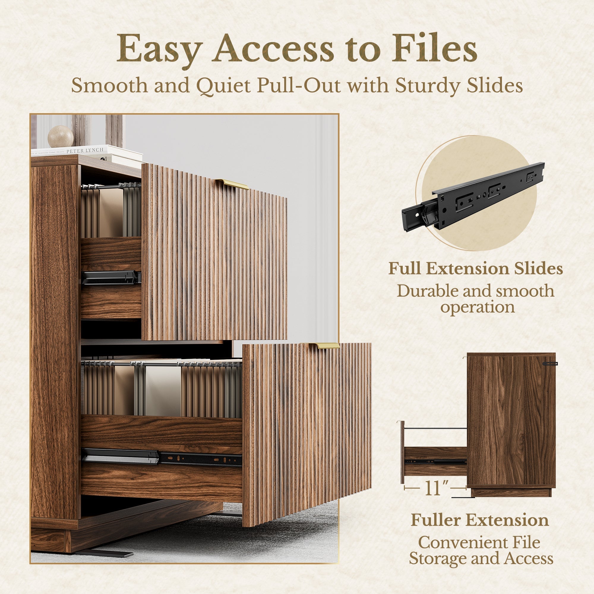 73" Tall Bookshelf + 2 - Drawer File Cabinet / Fluted - Dark Walnut -
