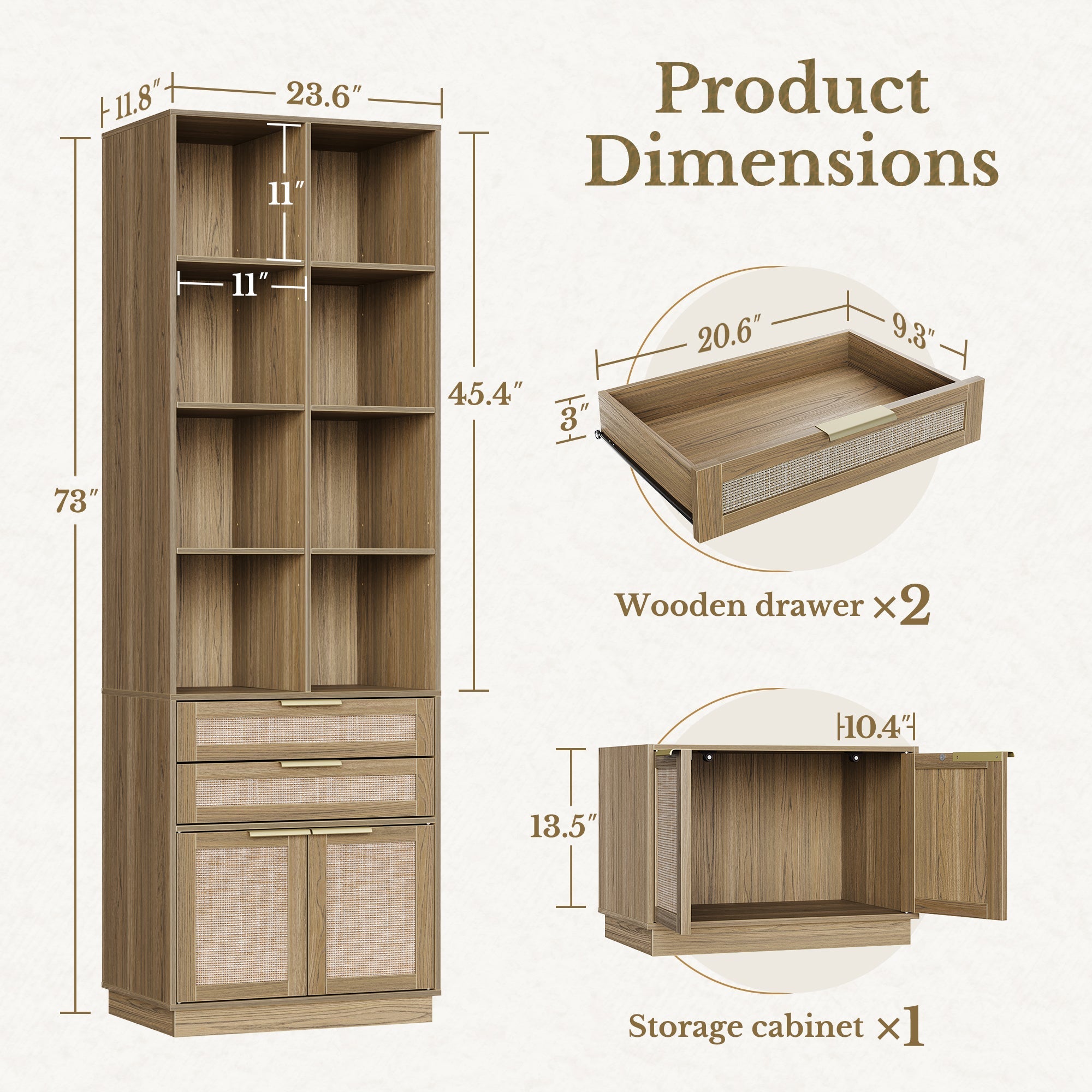73" Tall Bookshelf + 2 - Drawer File Cabinet / Rattan - Light Walnut -