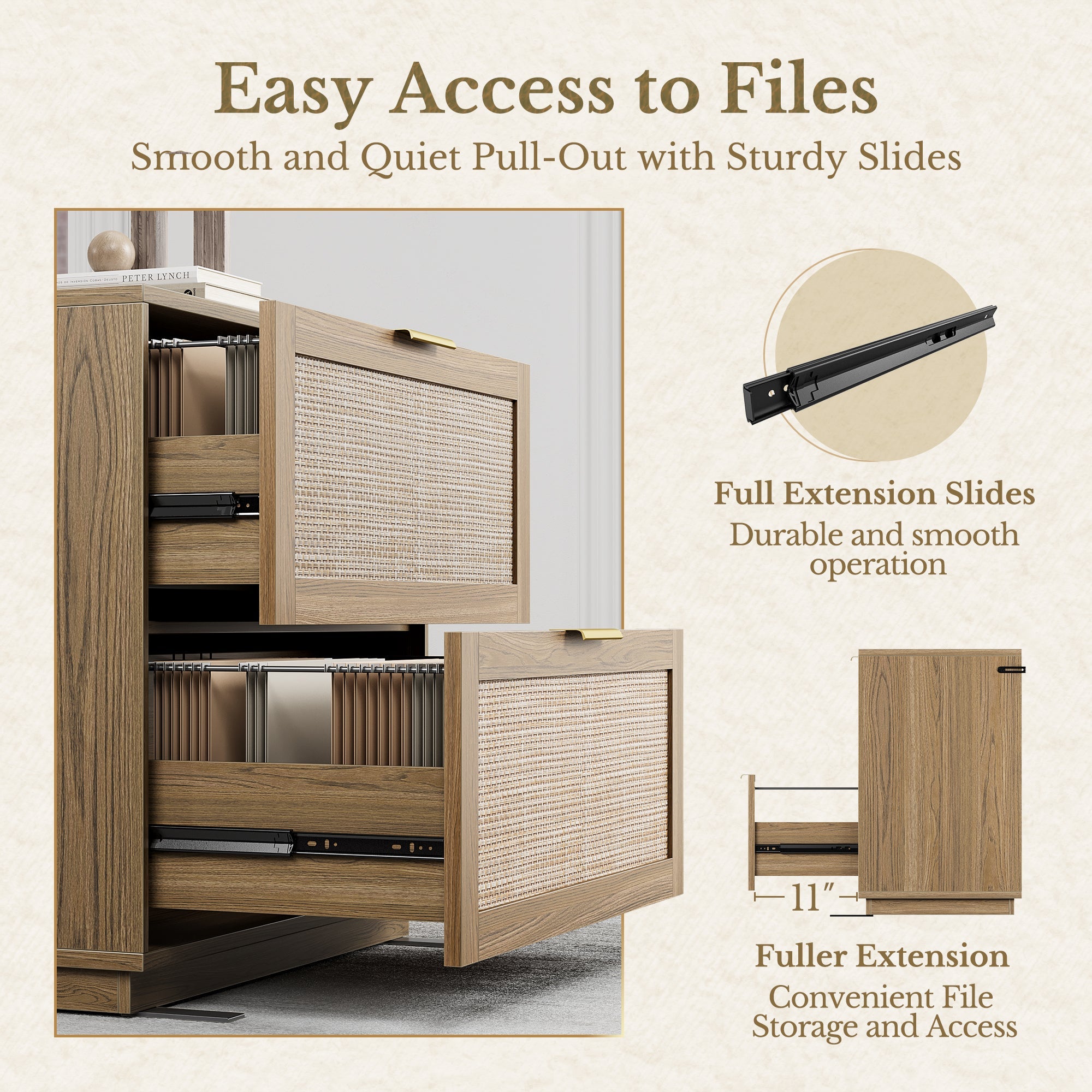 73" Tall Bookshelf + 2 - Drawer File Cabinet / Rattan - Light Walnut -