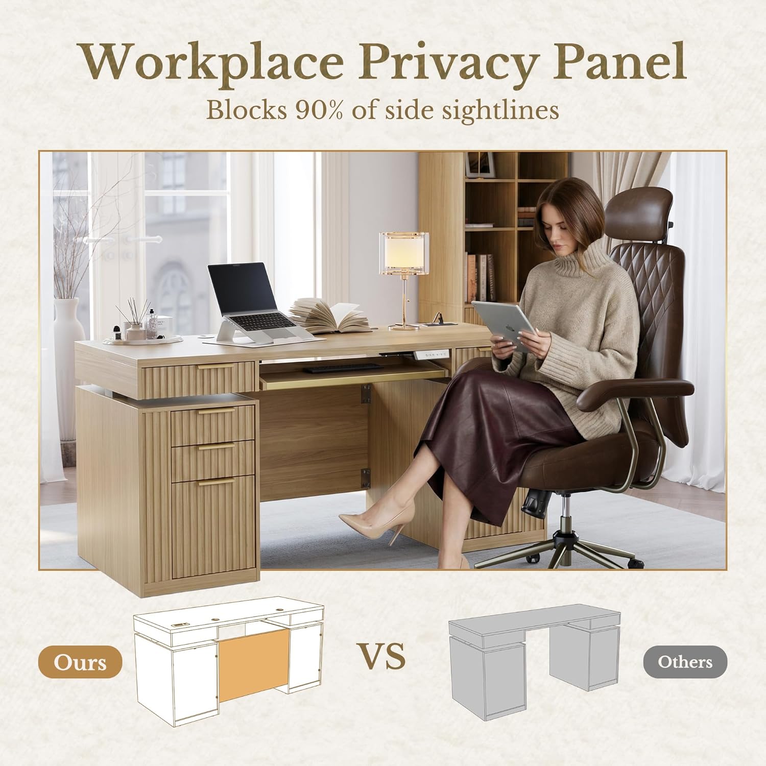 59 Inch Standing Desk with Storage Drawers, Executive Electric Height Adjustable Desk with Keyboard Tray, File Cabinet and AC/USB, Fluted Stand Up Desk with Privacy Panel, Light Walnut