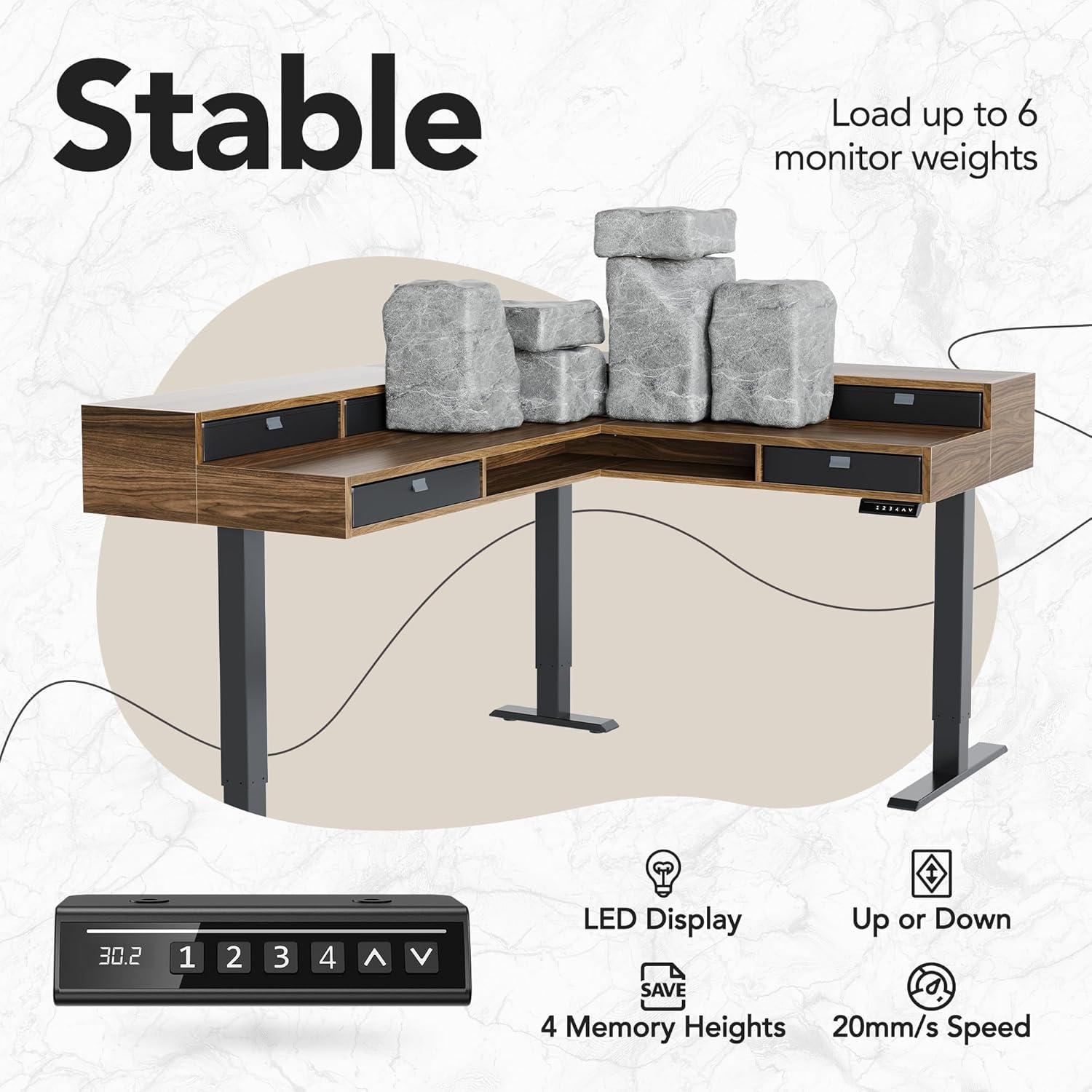 63" Electric L Shaped Standing Desk with 6 Storage Drawers