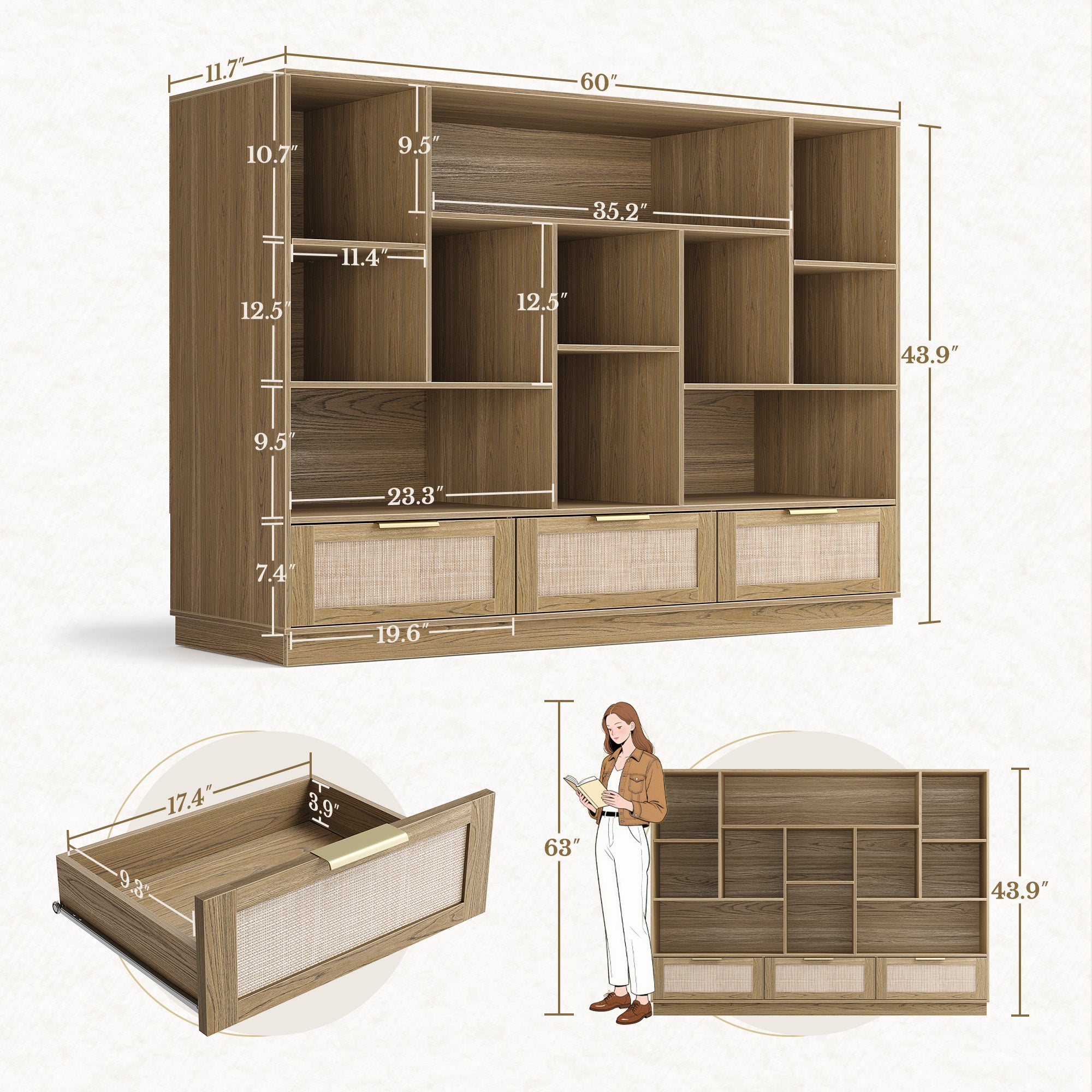 70" Desk with 4 Drawer Wood File Cabinet + 60" Wide Bookshelf / Rattan - Light Walnut