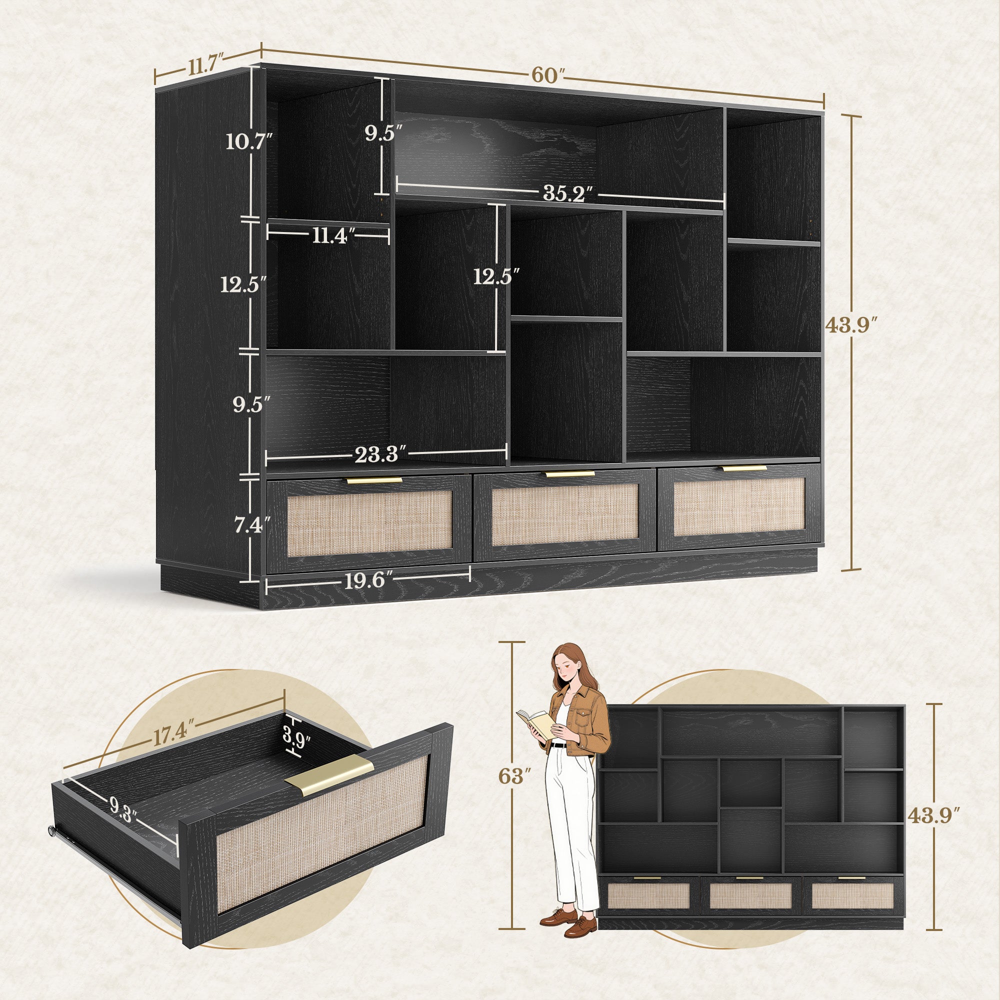 63" Desk + 60" Wide Bookshelf / Rattan - Black
