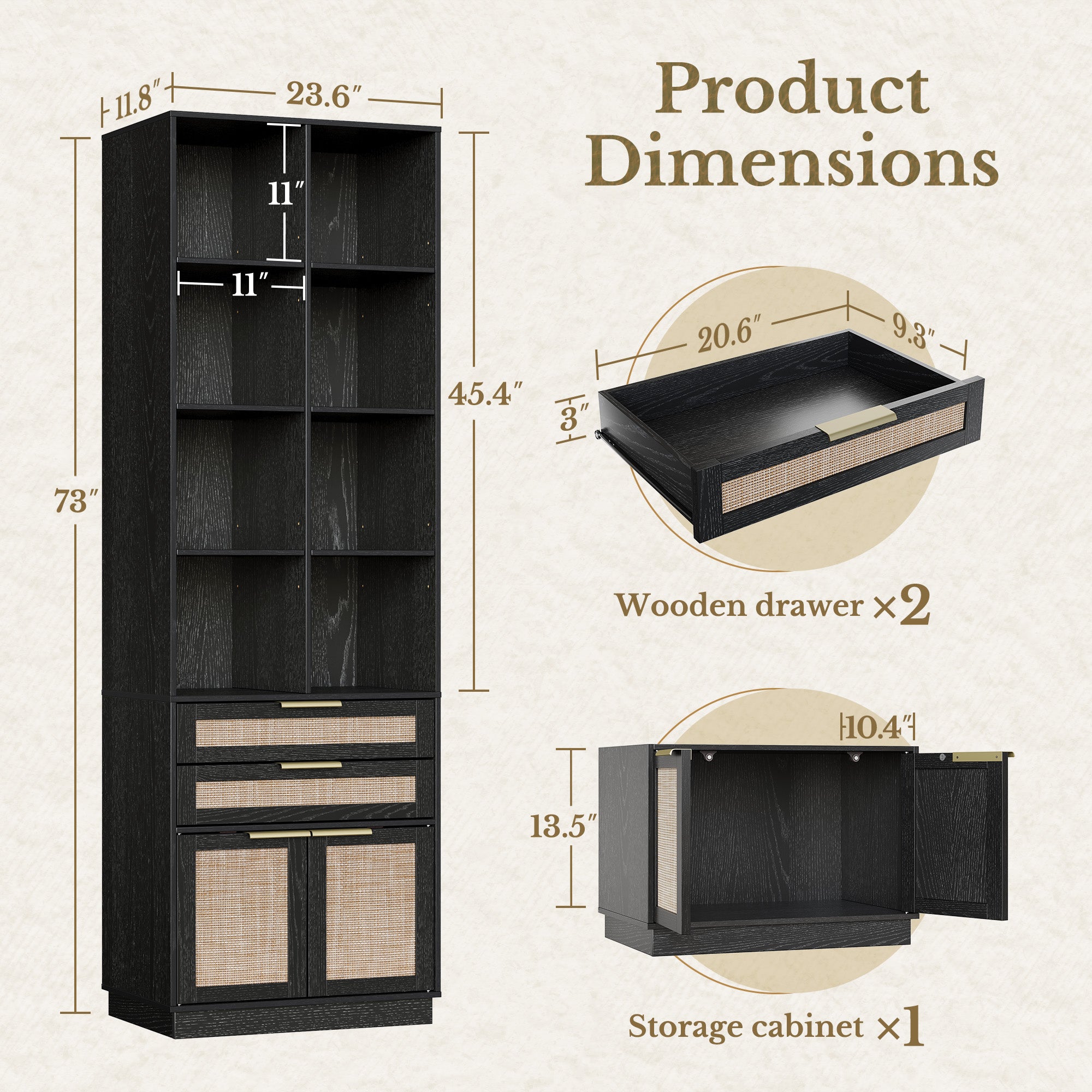 63" Desk + 73" Tall Fluted Bookshelf / Rattan - Black