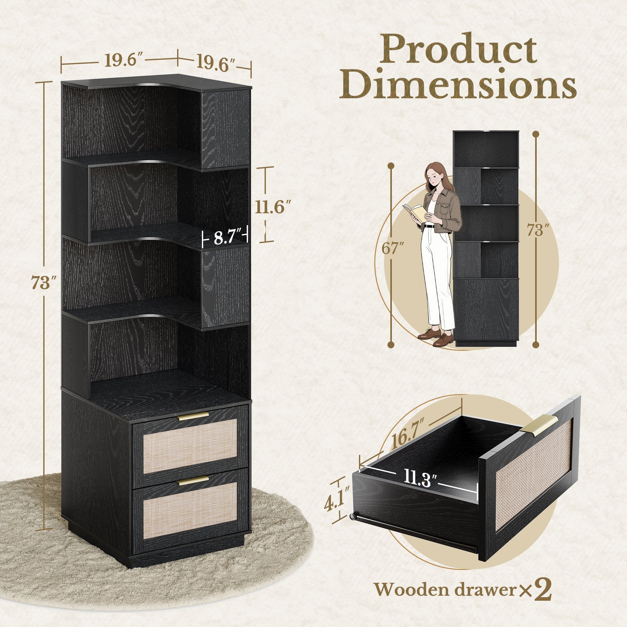 63" Desk + 6 Tier Corner Bookshelf / Rattan - Black