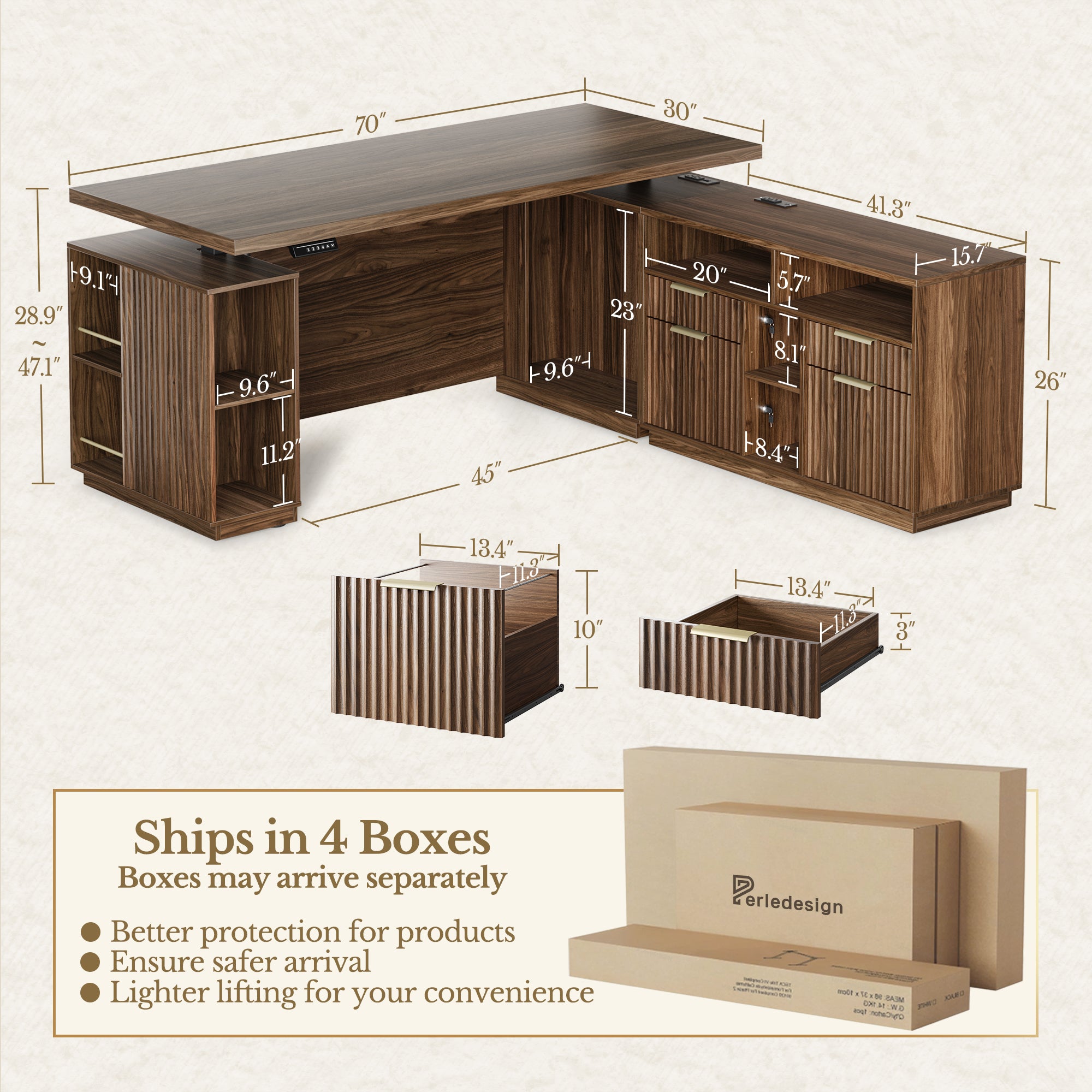 70" Desk + 6 Tier Corner Bookshelf / Fluted - Dark Walnut