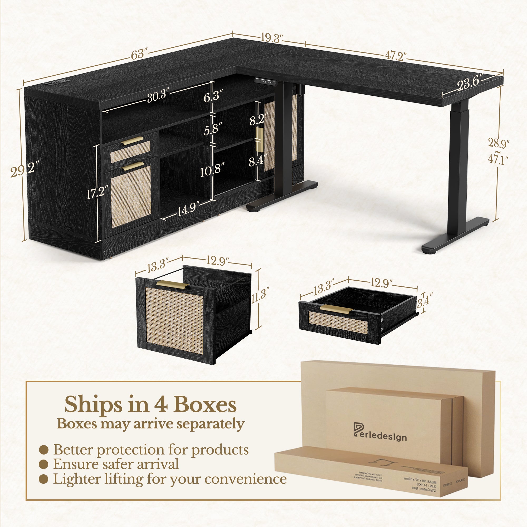 67" Desk + 60" Wide Bookshelf / Rattan - Black