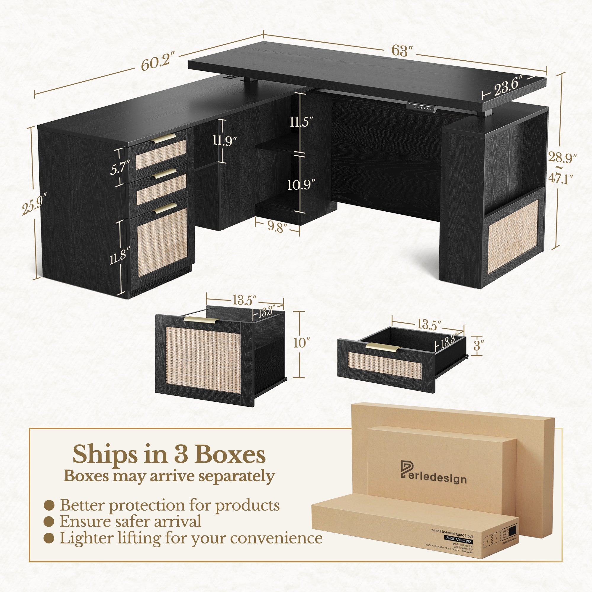 63" Desk + 60" Wide Bookshelf / Rattan - Black