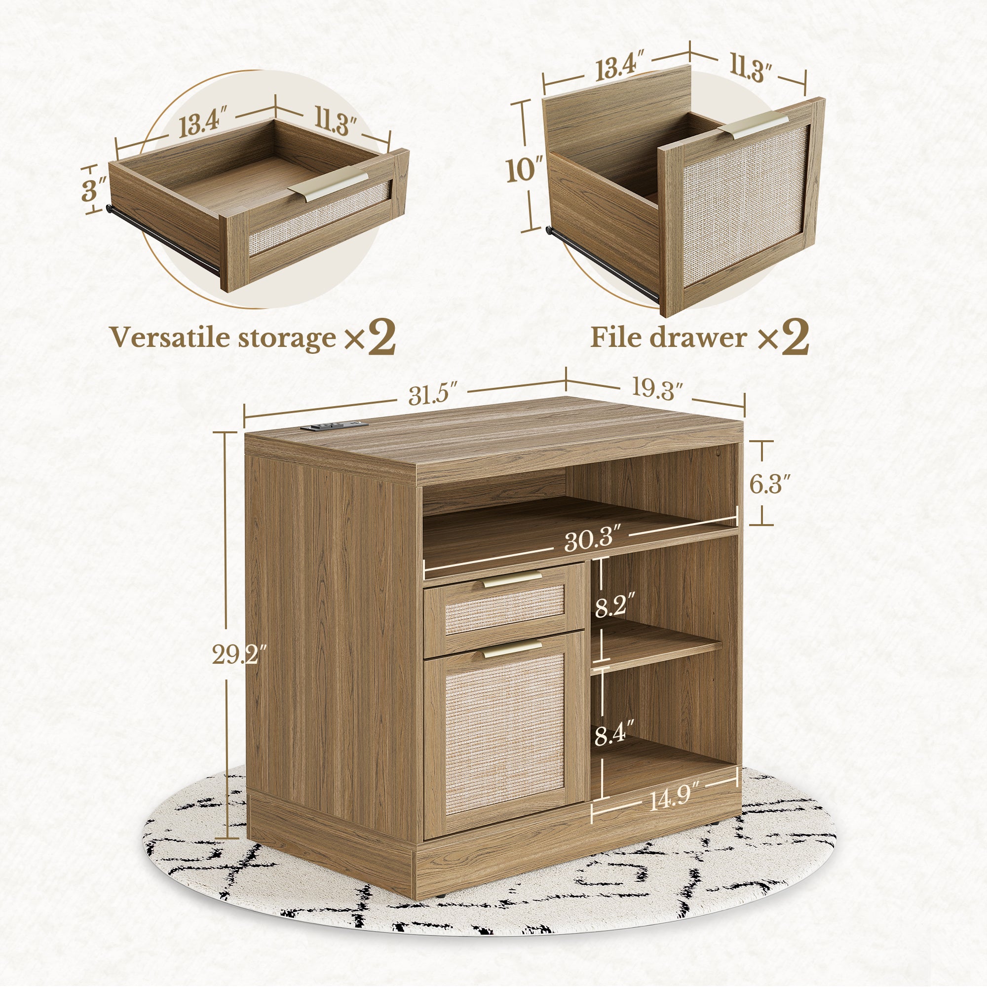 67" desk+73" Bookshelf+2 Drawers / Rattan - Light Walnut