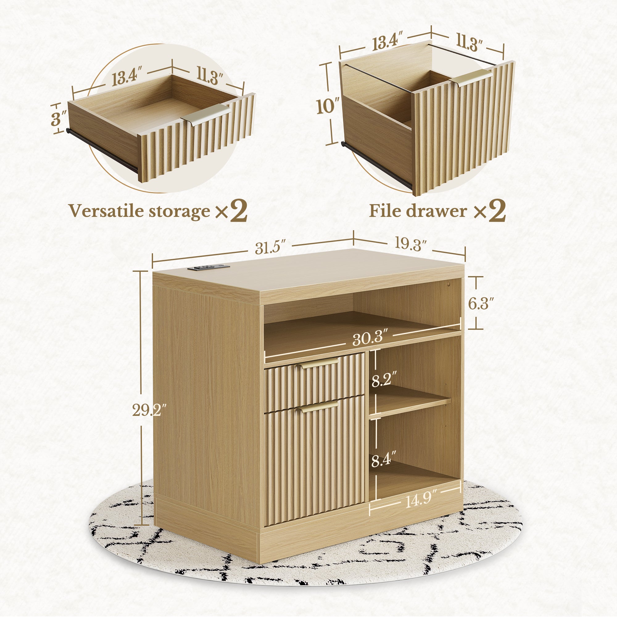 67" desk+73" Bookshelf+2 Drawers / Fluted - Natural Oak