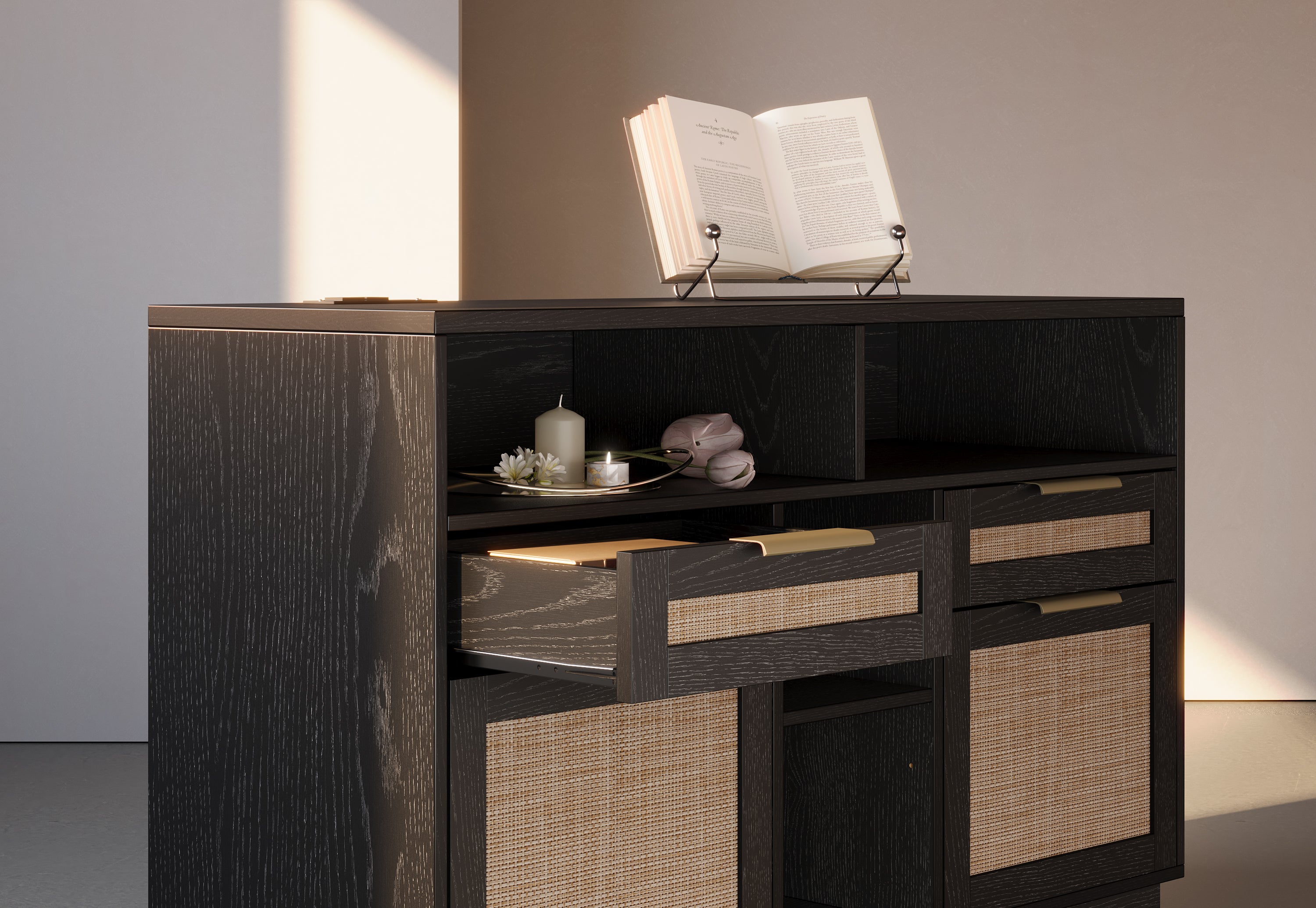 70" Desk + 73" Tall Fluted Bookshelf / Rattan - Black