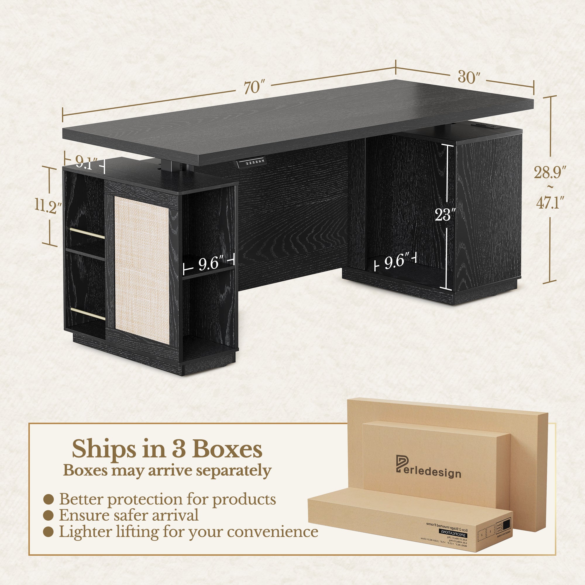 70" Desk + 60" Wide Bookshelf / Rattan - Black
