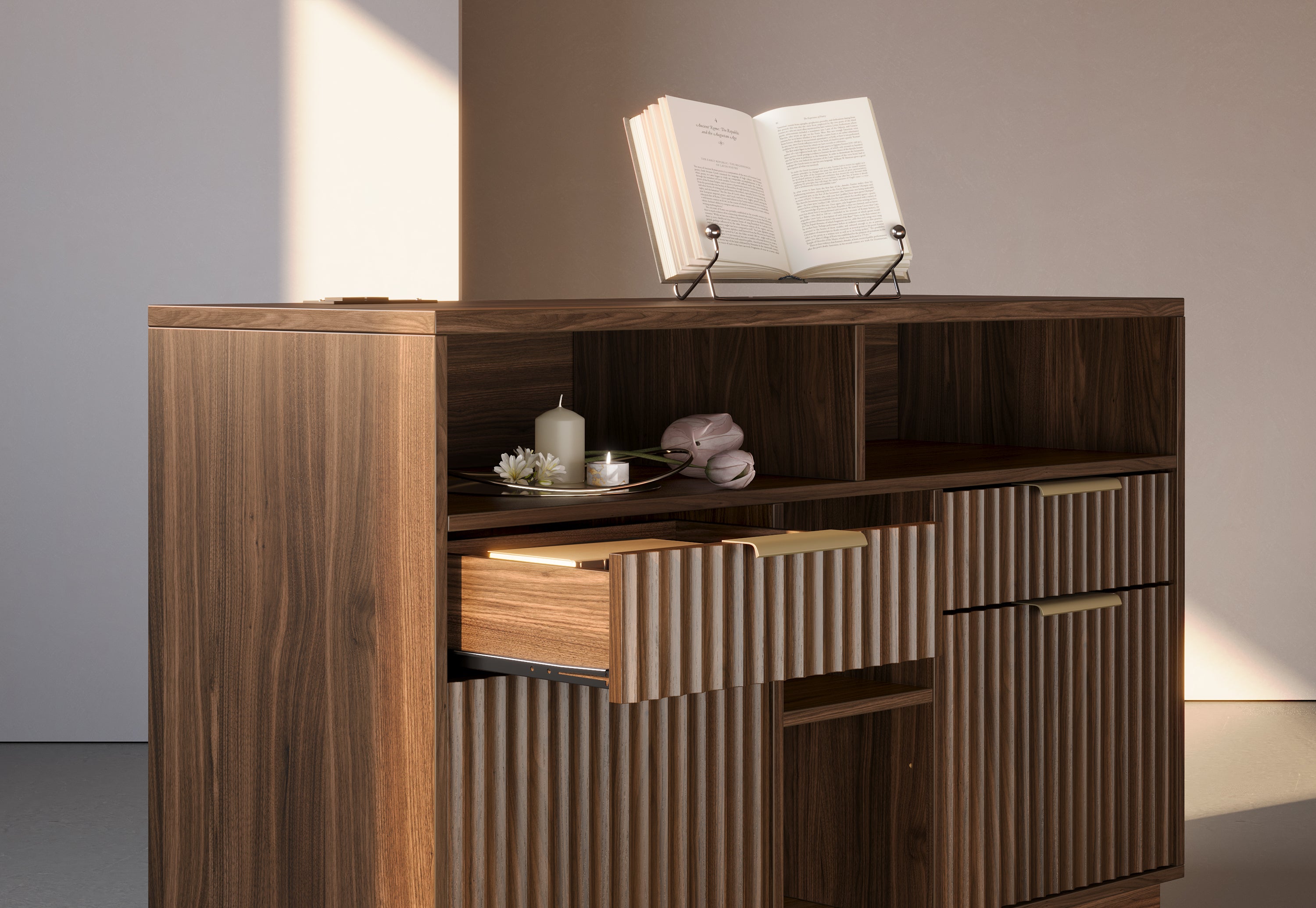 70" Desk + 6 Tier Corner Bookshelf / Fluted - Dark Walnut