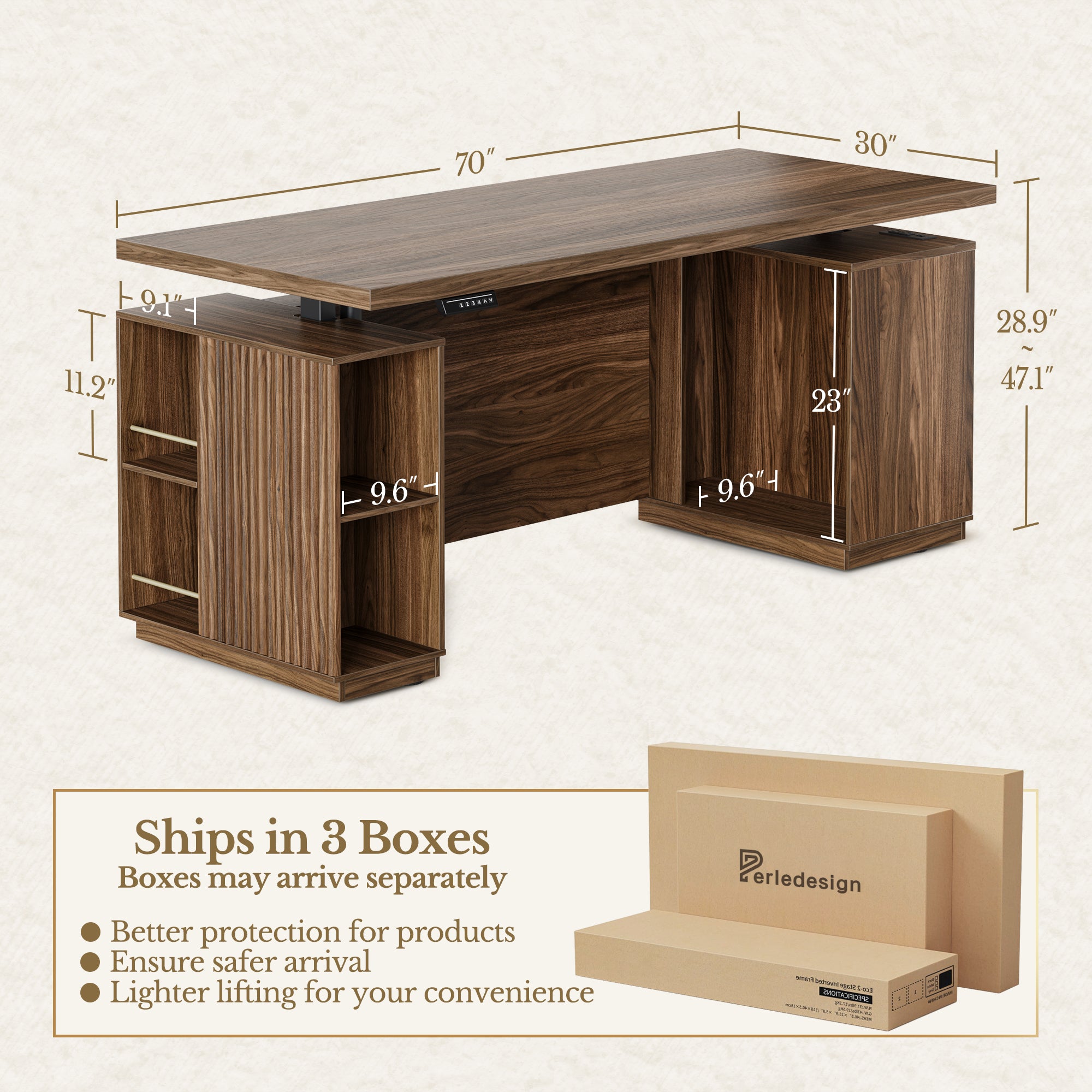 70" Desk + 60" Wide Bookshelf / Fluted - Dark Walnut