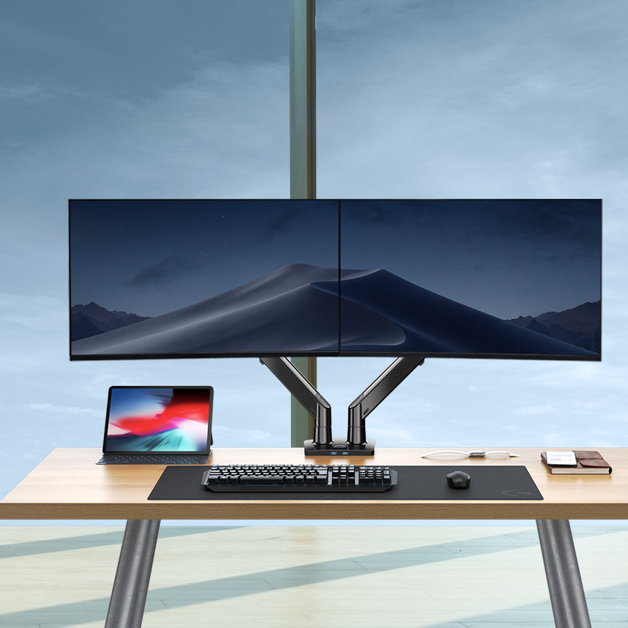 Dual monitor and laptop stand for ergonomic workspace with adjustable arms