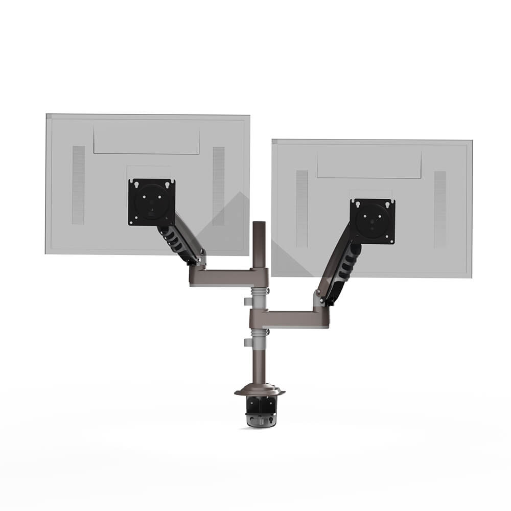 Adjustable dual monitor mount for ergonomic setup supporting 13 to 32 inch screens.