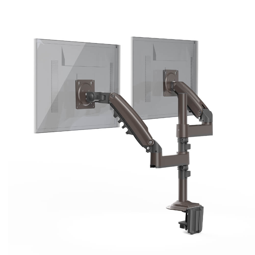 Adjustable dual monitor mount arms for 13 to 32 inch screens with ergonomic design.