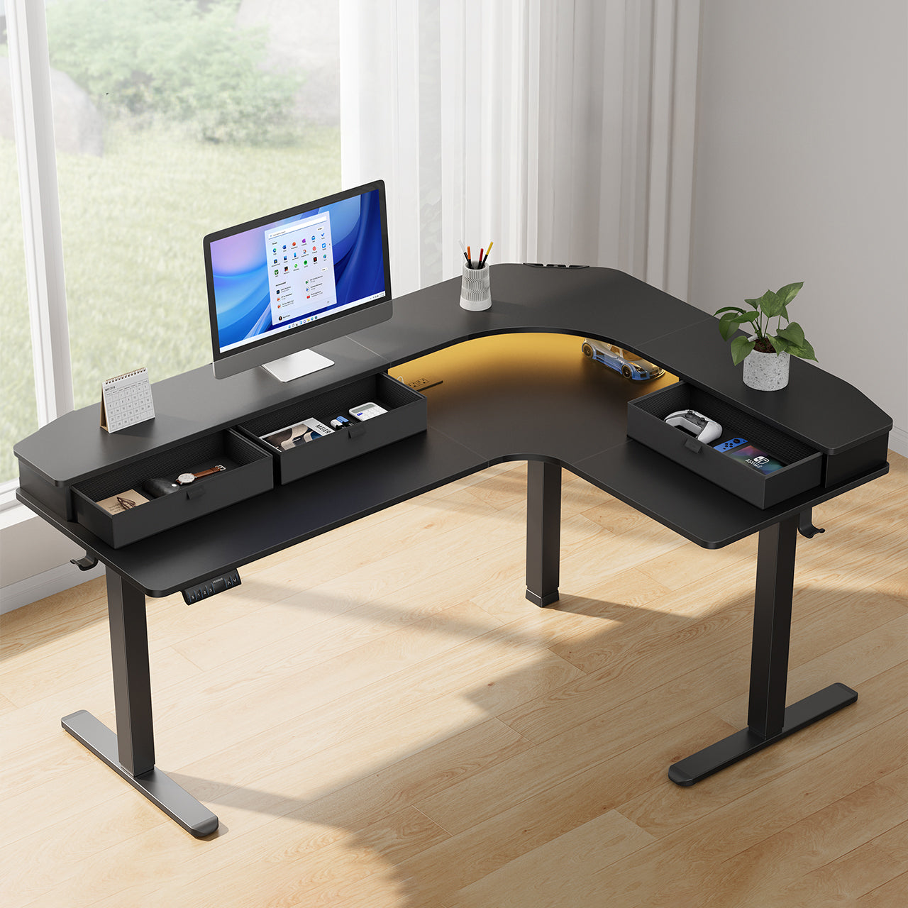 L-shaped standing desk with dual monitors, storage drawers, and a decorative plant.