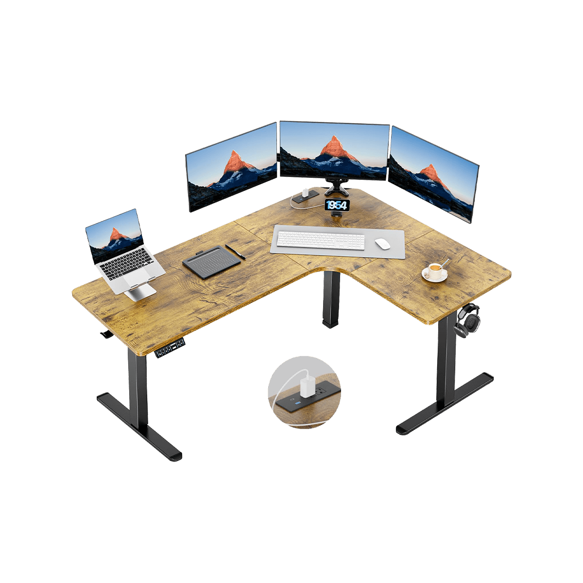 HUANUO L-shaped standing desk with ergonomic design and multiple monitors setup