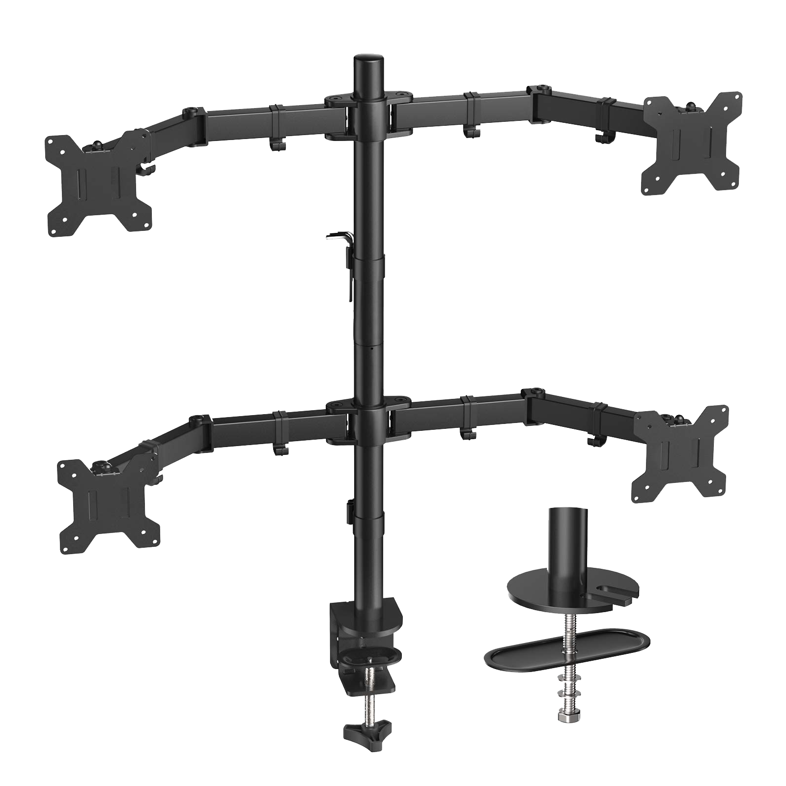 Quad monitor stand for 4 screens with adjustable arms and clamp mount.