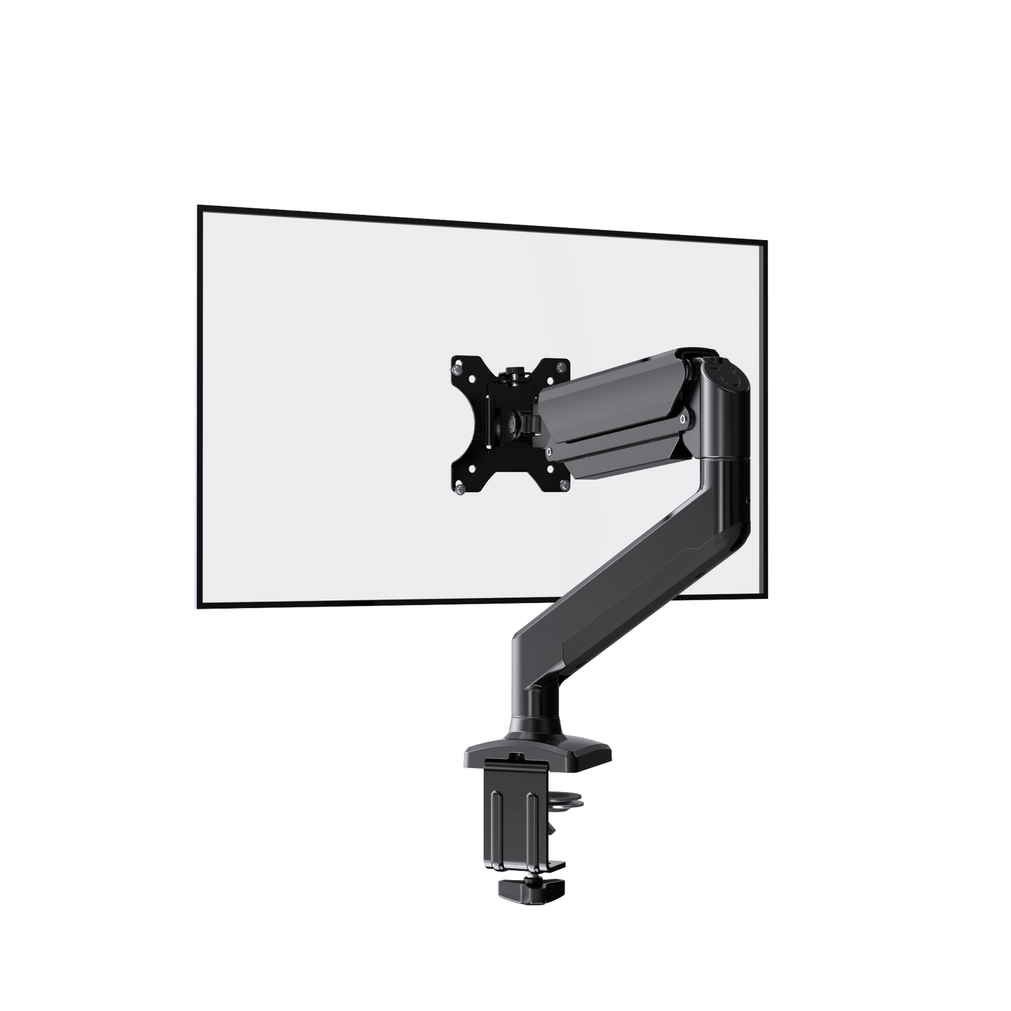 Adjustable single monitor mount arm with C-clamp for 13-32 inch screens.
