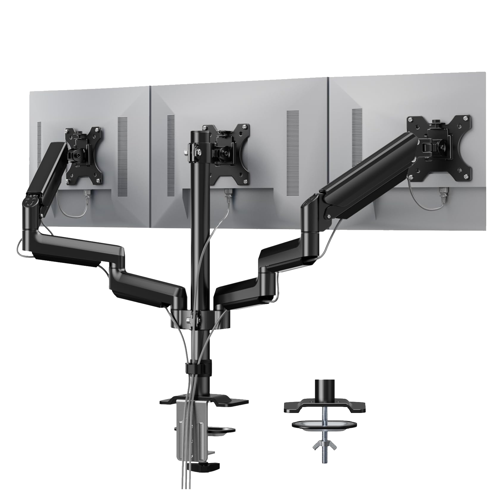 HUANUO triple monitor mount for 13-27 inch screens with adjustable arms.