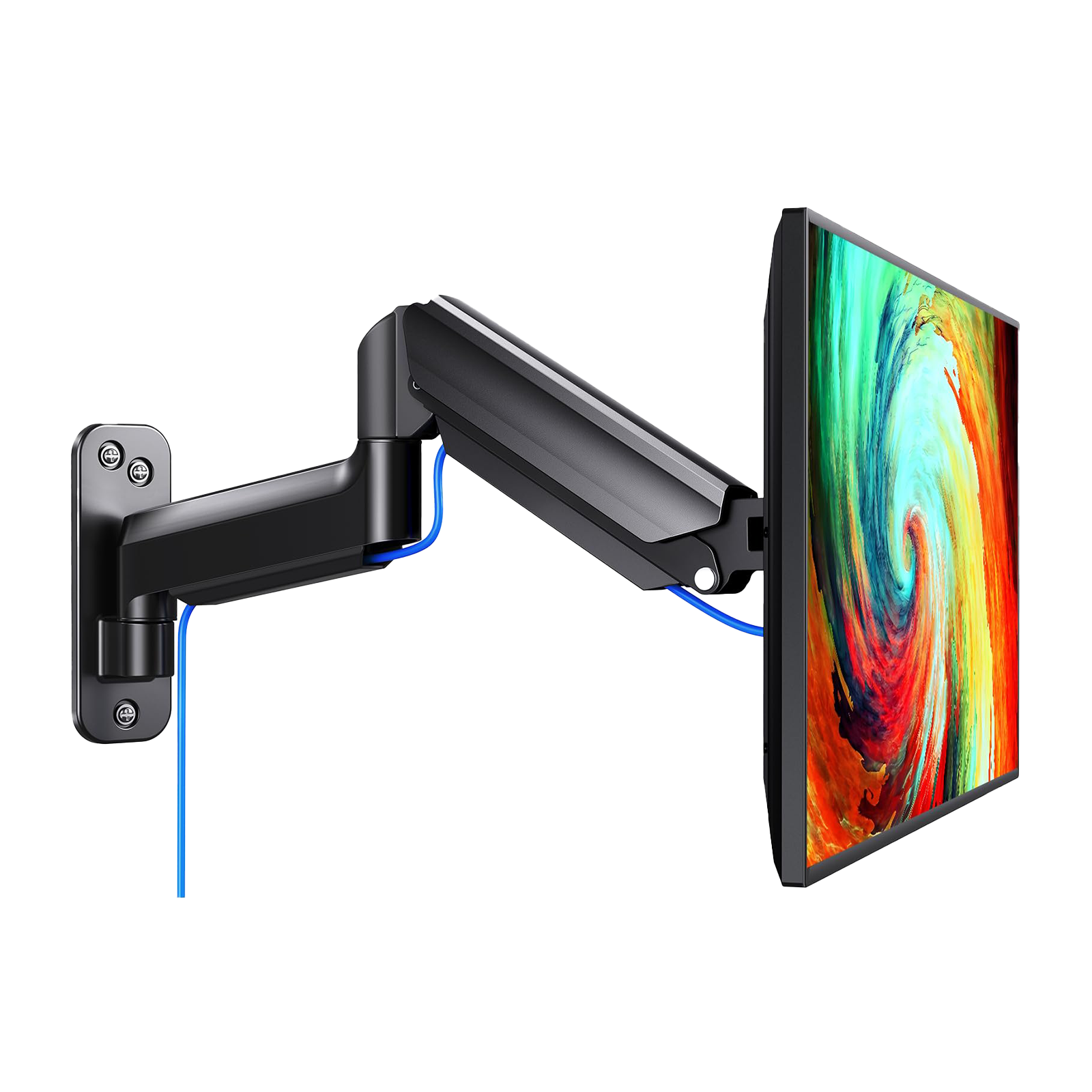 Gas spring wall mount for monitors, adjustable arm with colorful display.