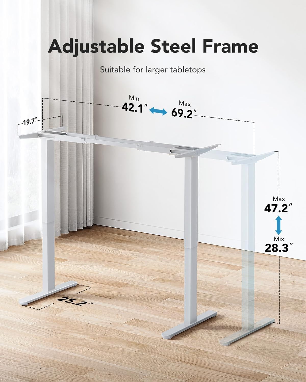 HUANUO adjustable steel frame with height and width specifications for desktops.