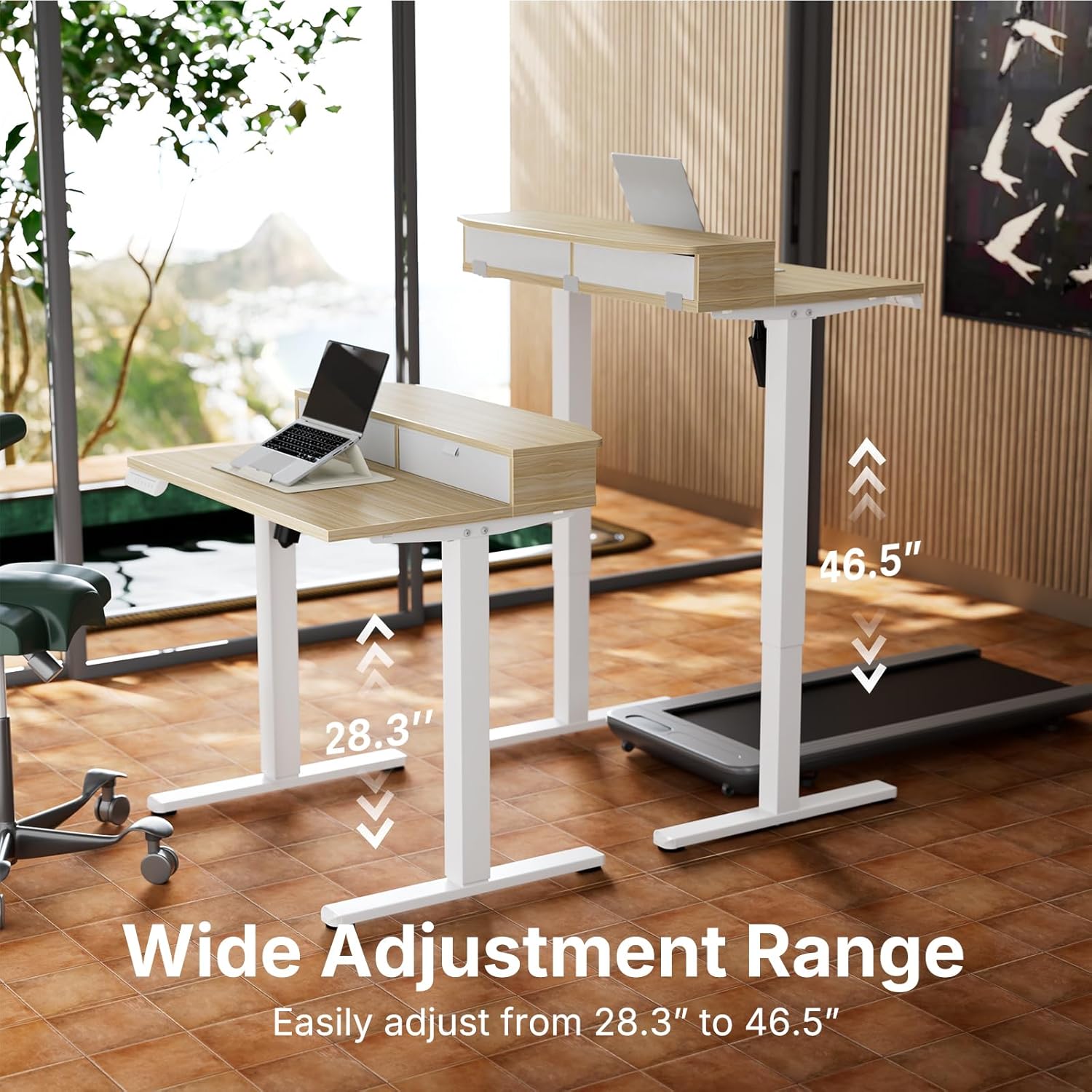 HUANUO 32 x 21 inch Small Electric Standing Desk with 2 Drawers, C-Clamp Mount Compatible, Height Adjustable Sit Stand Desk, Home Office Stand Up Desk with 4 Memory Height Settings, Light Walnut - White