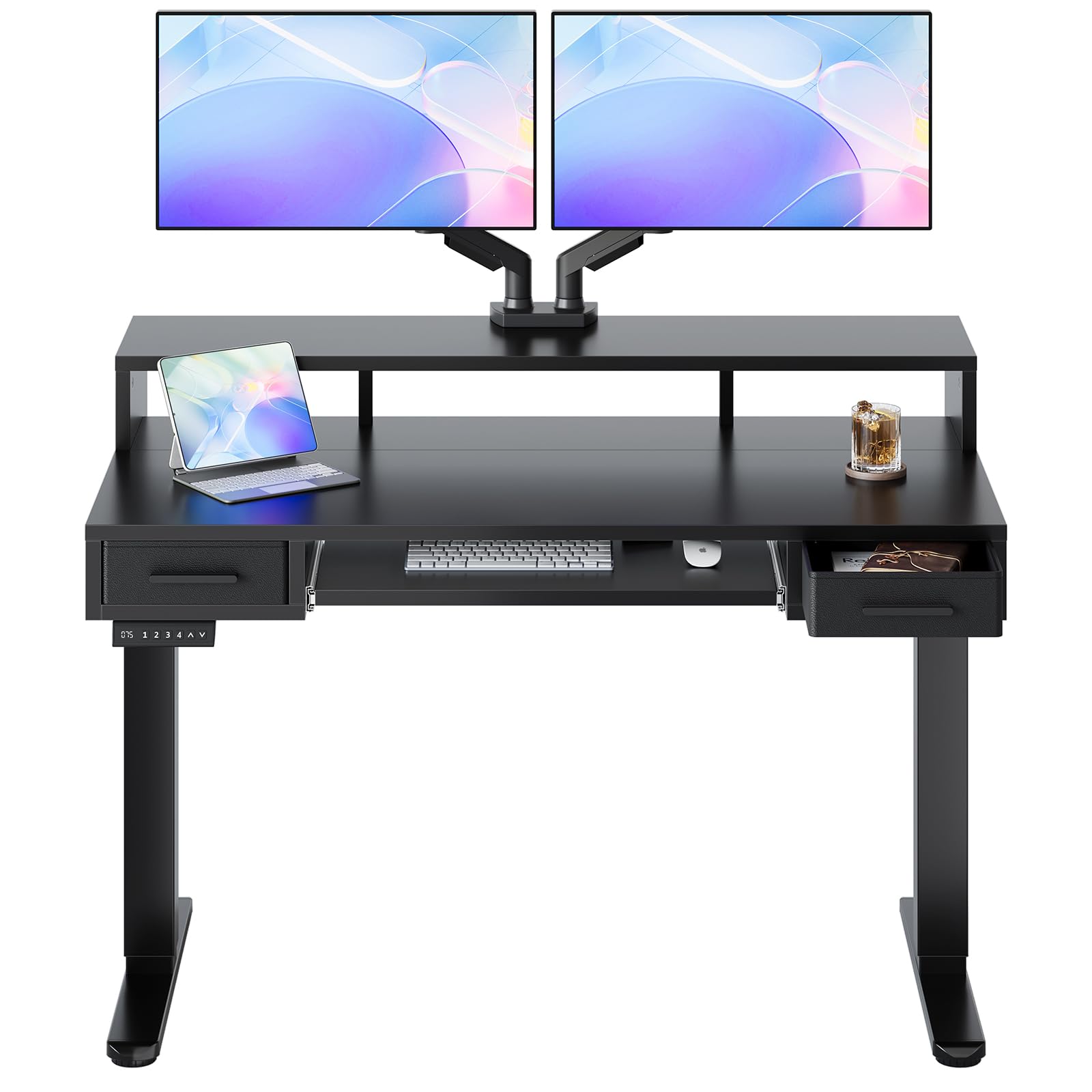 HUANUO 55″ x 26″ Electric Standing Desk with 2 Drawers &24.4″ Large Keyboard Tray, C-Clamp Mount Compatible, Adjustable Computer Desk for Office, Sit Stand Up Desk with 4 Height Presets, Light Walnut - 48*26 inch