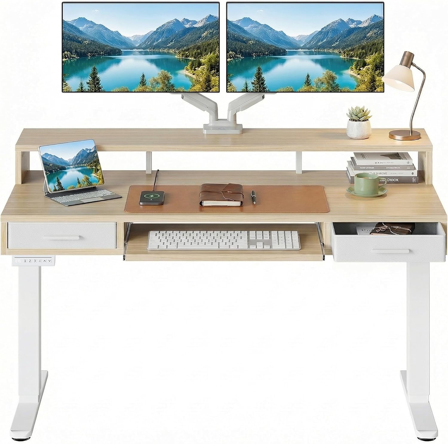 HUANUO 55″ x 26″ Electric Standing Desk with 2 Drawers &24.4″ Large Keyboard Tray, C-Clamp Mount Compatible, Adjustable Computer Desk for Office, Sit Stand Up Desk with 4 Height Presets, Light Walnut - 55*26 inch