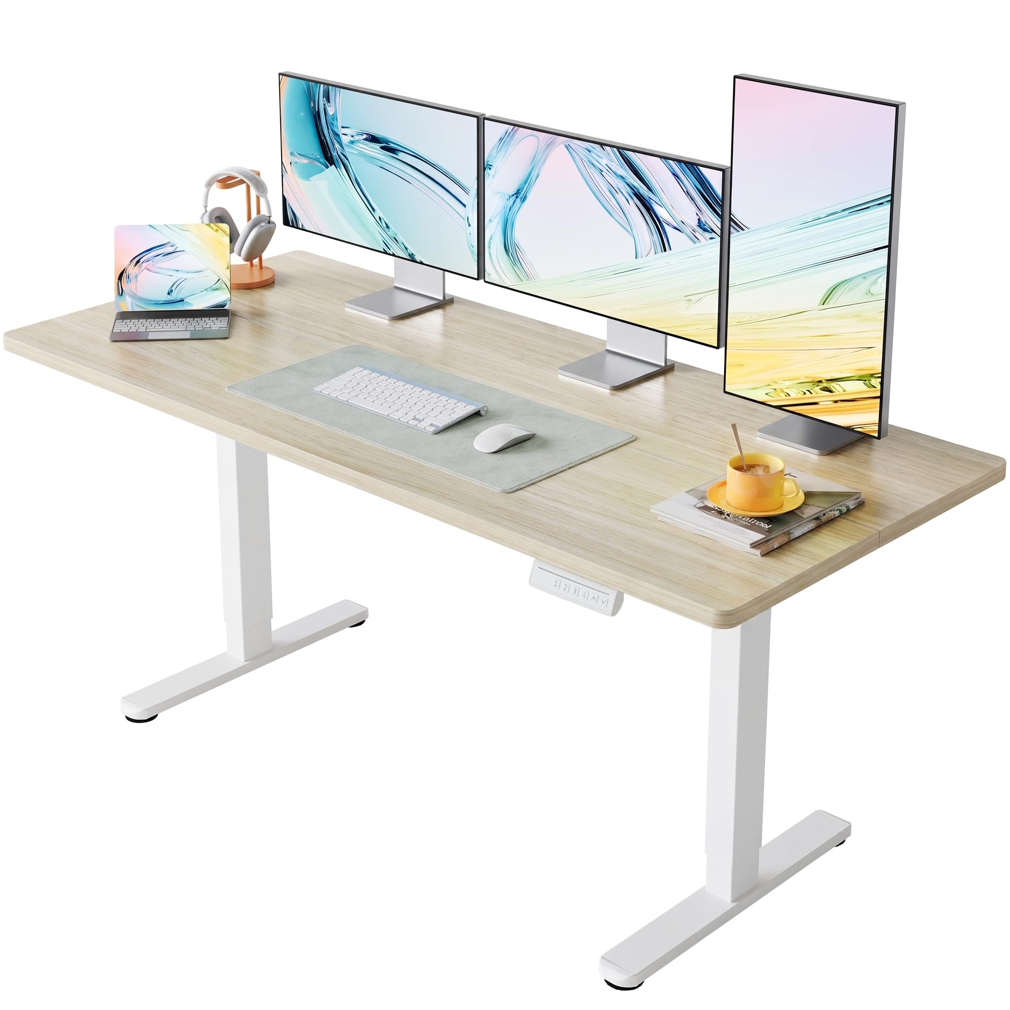 HUANUO 55 x 28 inch Electric Standing Desk Adjustable Height, 4 Memory Height Settings, Sit Stand Up Desk for Home Office & Computer Workstation, Light Walnut - 63" X 28"
