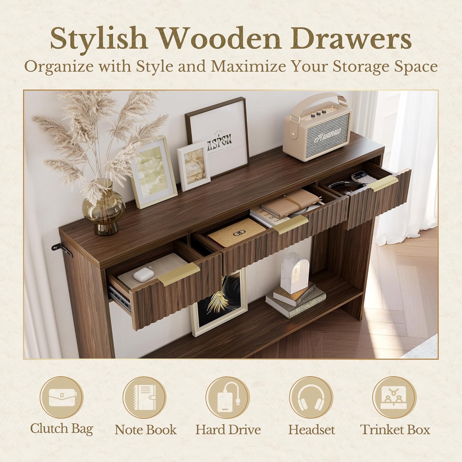 Premium Chene Sofa Table - Fluted - Dark Walnut