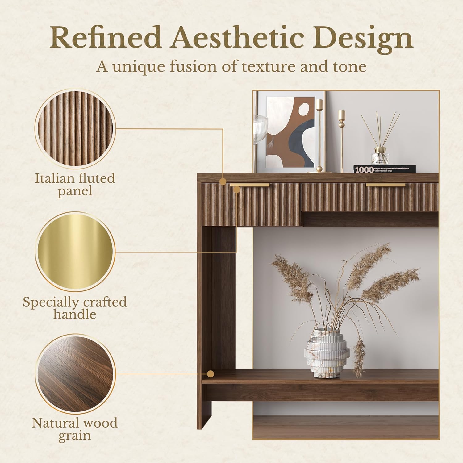 Premium Chene Sofa Table - Fluted - Dark Walnut