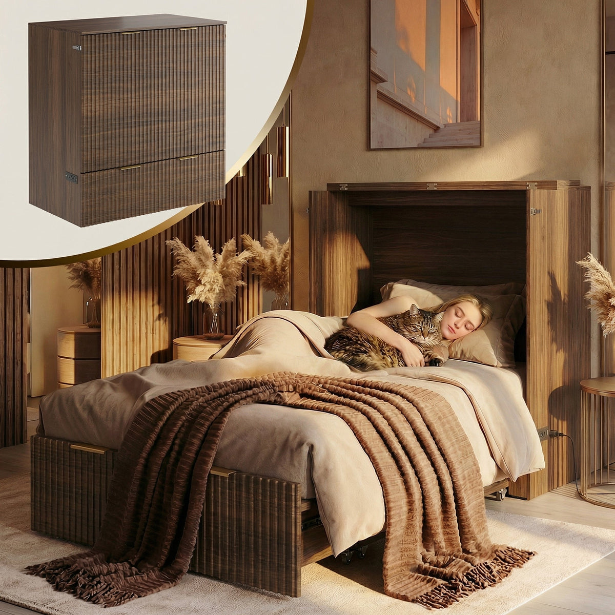 Premium Terra - Twin Cabinet Bed - Fluted Black Walnut